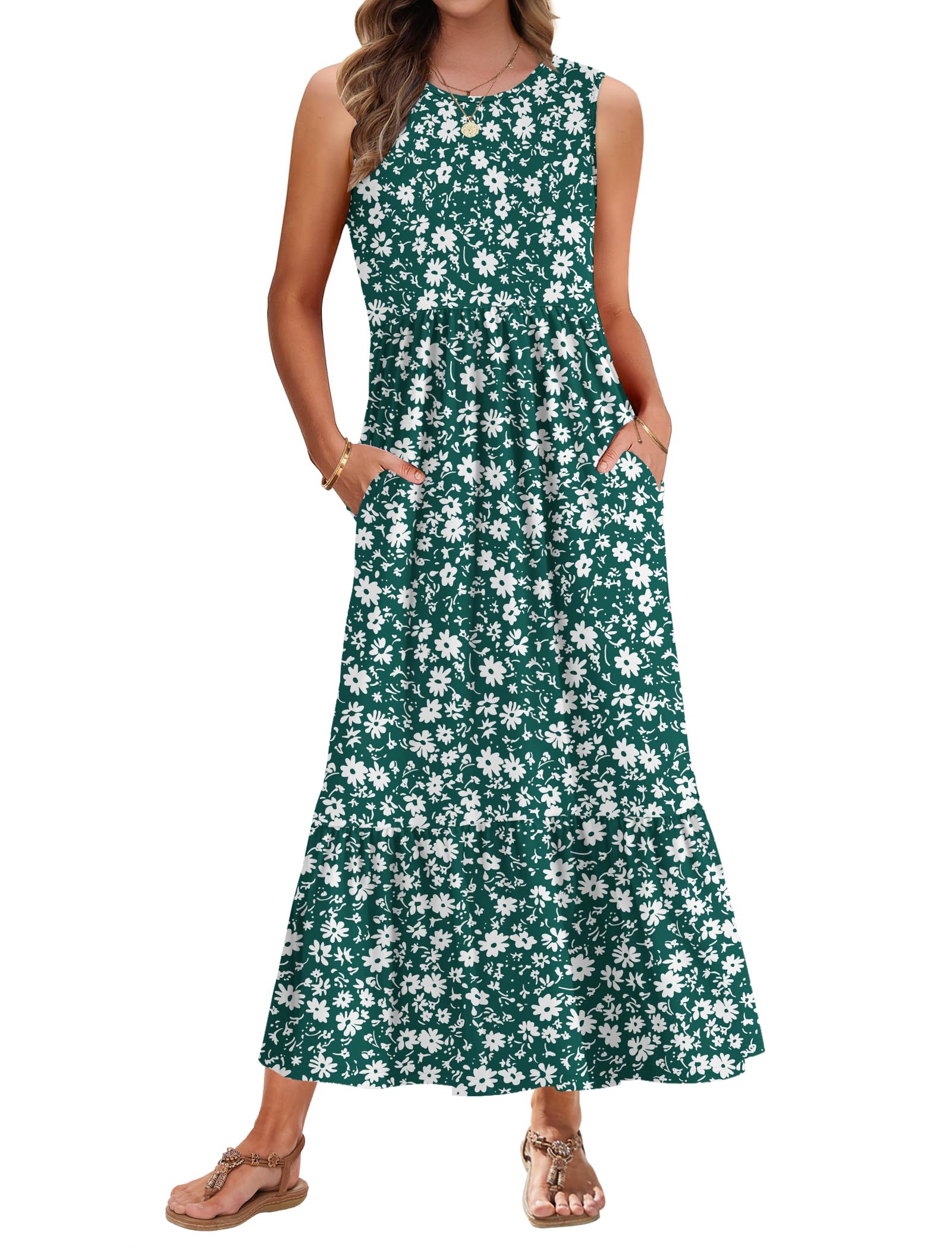AUSELILY Sommerkleid Damen Lang Ärmelloses Maxikleid Damen Sommer Strandkleid Lange Rundhals Tank Top Kleider Leicht und Luftig mit Taschen Elastischer Taille