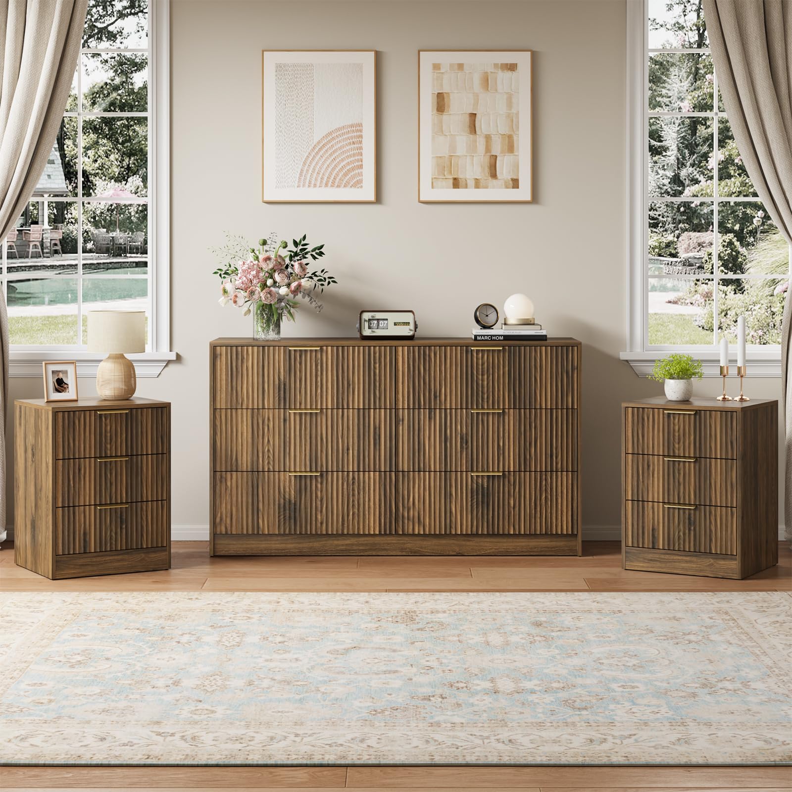 Amazon.com: NOVAMAISON Walnut Dresser & Nightstand Set 3-Piece, 6