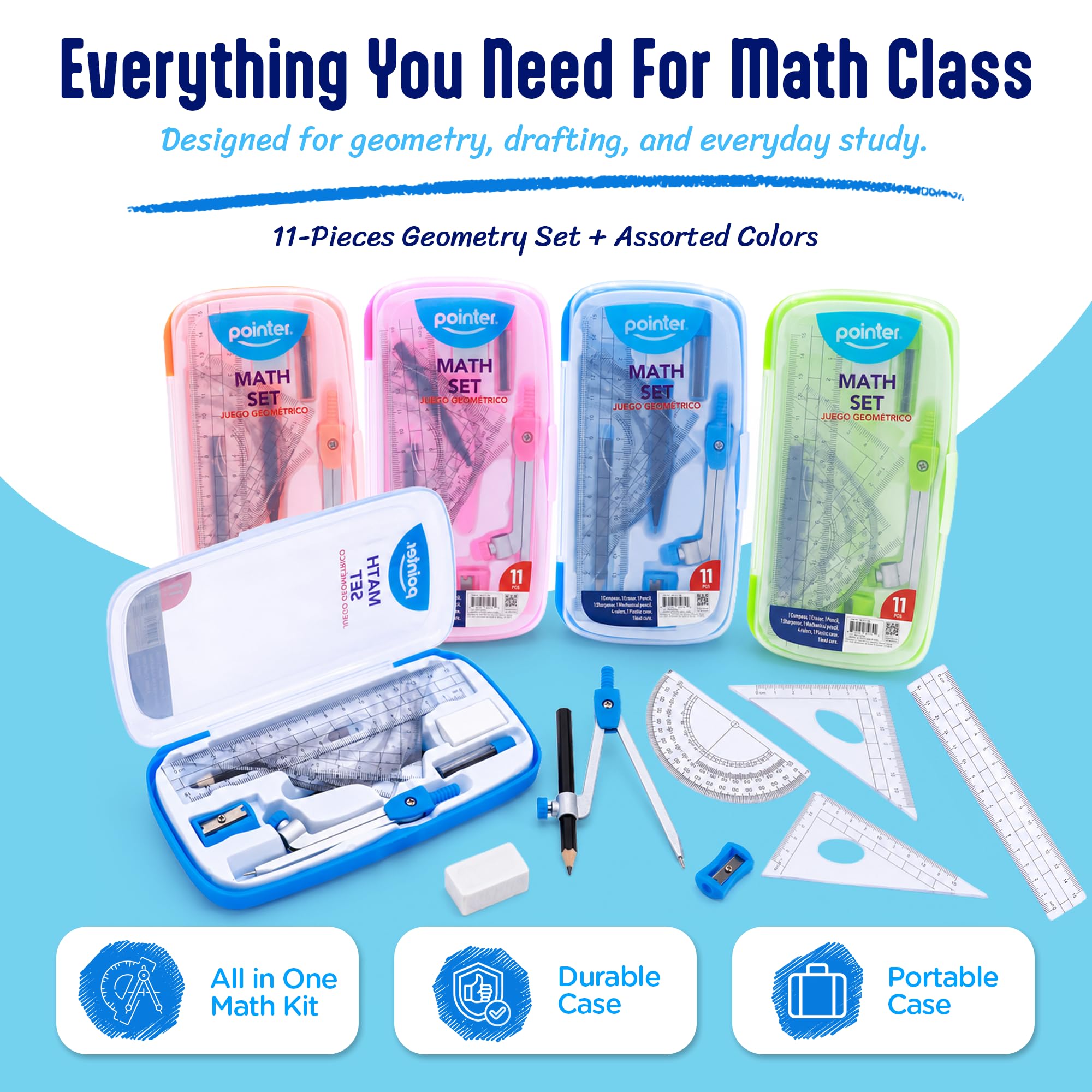 Pointer Mathematik-Set, 11-teilig, Geometrie-Set, inklusive Kompass, Lineal, Winkelmesser und mehr, 1 zufällige Pastellfarbe aus 4 Optionen, Geometrie-Set für Schüler