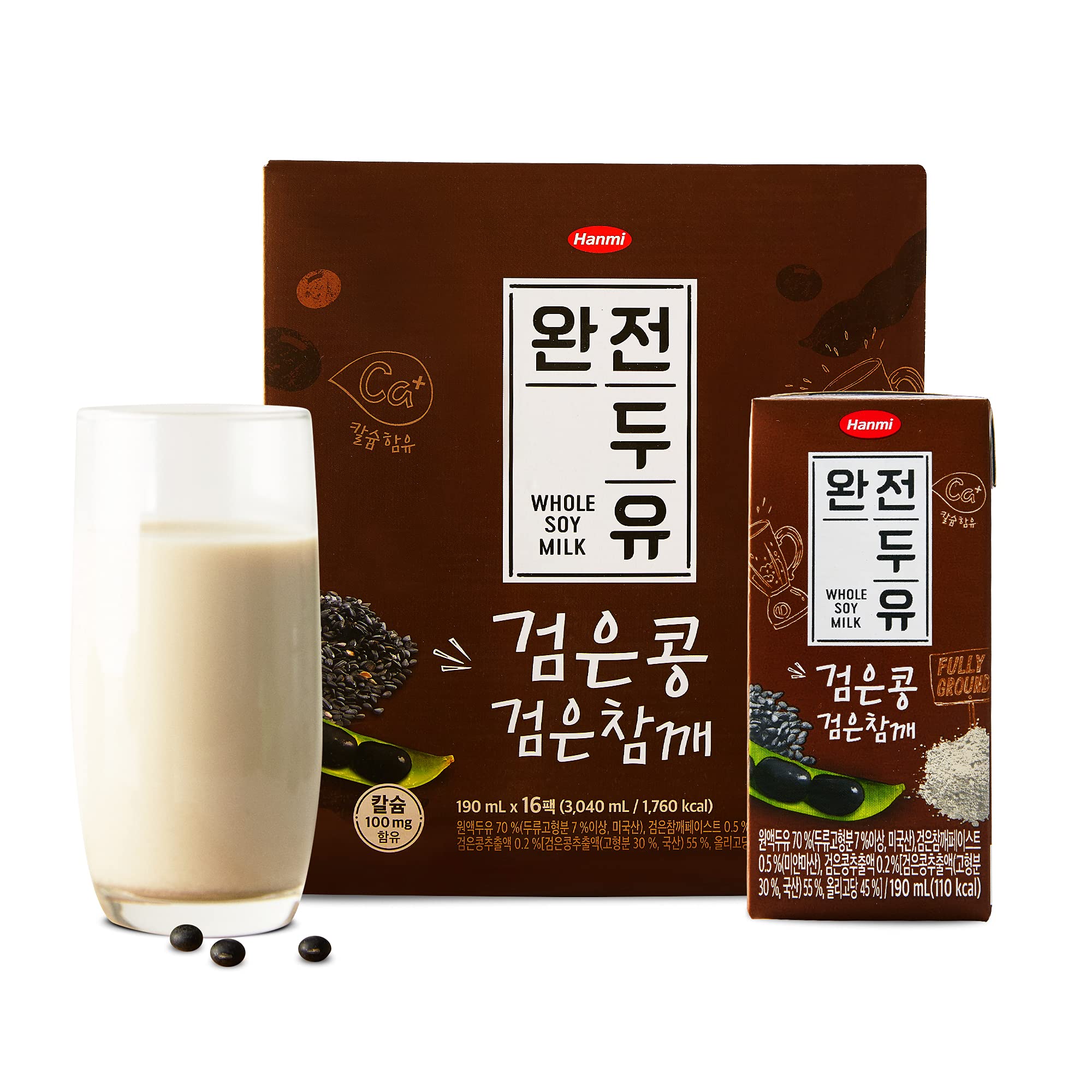 Hanmi Black Bean and Black Sesame Wholesome Soy Milk Fully Ground 6.4oz (Pack of 16), Rich Flavor 146mg Calcium, Plant-Based, Shelf-Stable Individually Packed