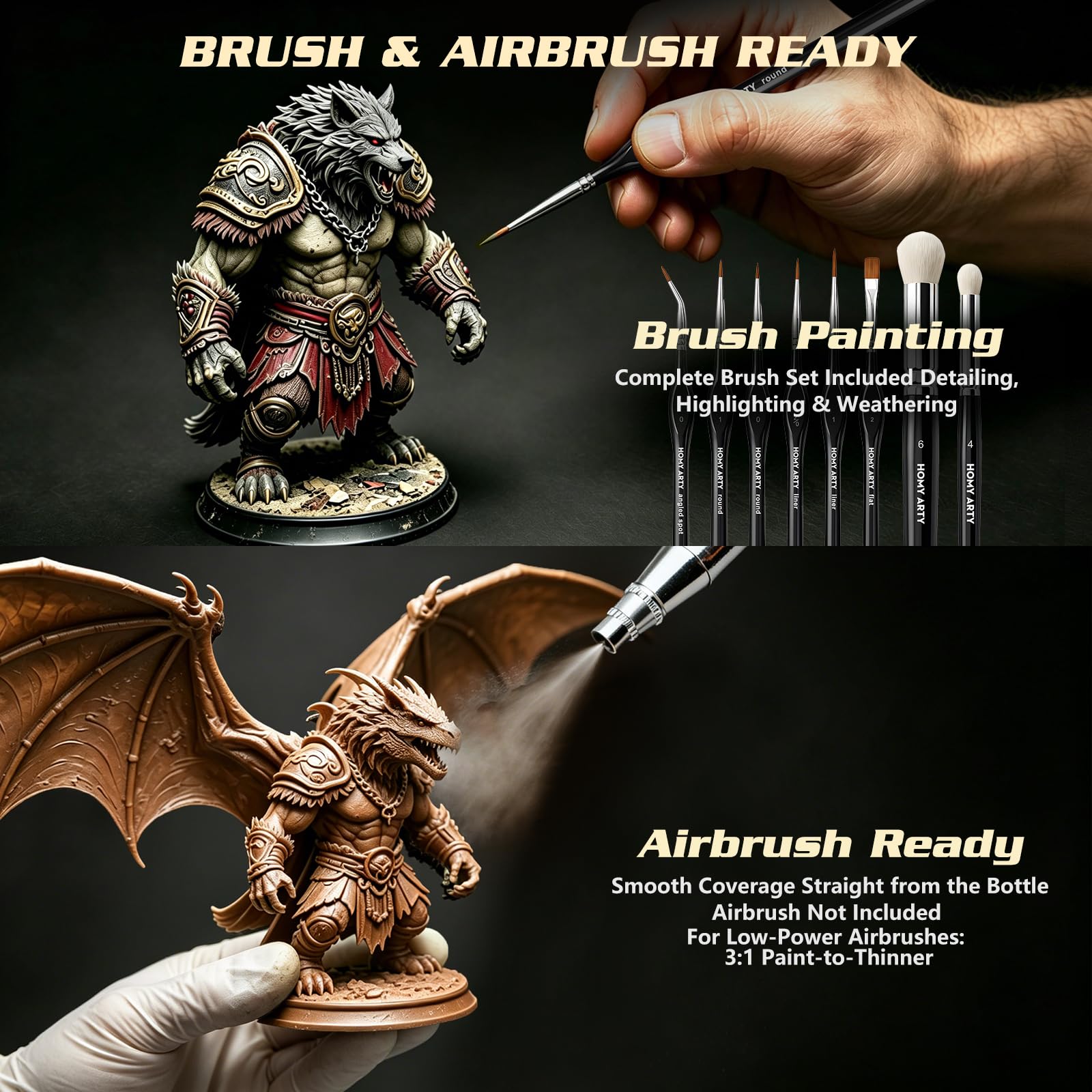 HOMY ARTY Set di colori per modellismo, 24 colori con 2 diluenti, vernice opaca e 8 pennelli in miniatura, colori acrilici per pennelli e aerografo, adatti per miniature, figure da tavolo e