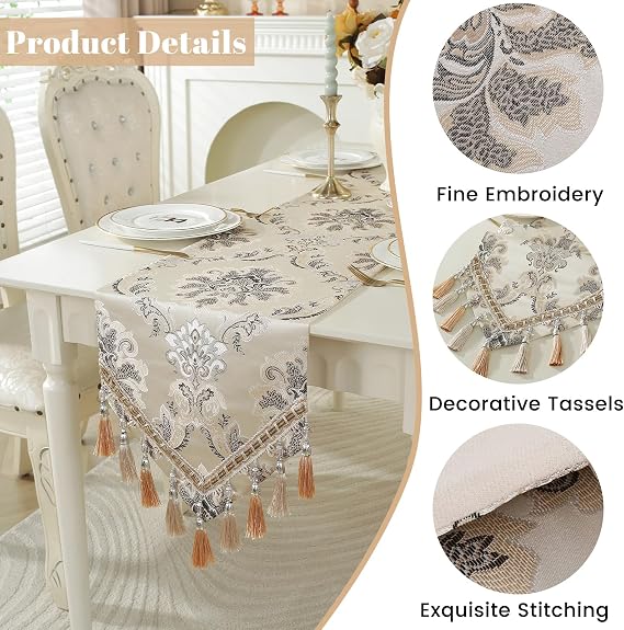 Embroider Table Runner, Luxury Jacquard Fabric Dining Table Runner with Tassels for Home Decoration Kitchen Party,13 x 48,Beige
