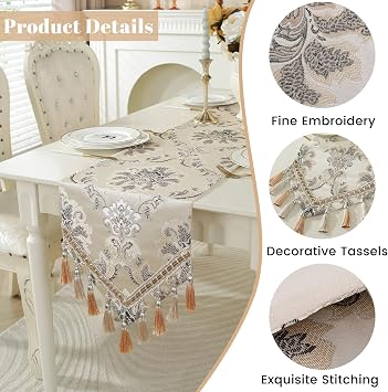Embroider Table Runner, Luxury Jacquard Fabric Dining Table Runner with Tassels for Home Decoration Kitchen Party,13 x 48,Beige