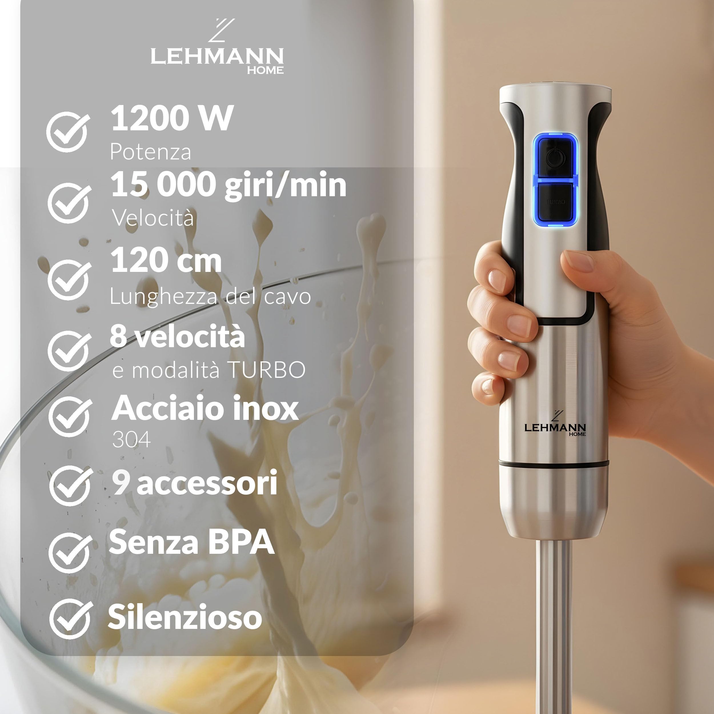 LEHMANN Chopsui Frullatore a Immersione 1200 W - Set 7-in-1-9 Accessori - Misurino da 860 ml - Regolazione Velocità a 8 Livelli - Funzione Turbo - 15000 U/min - Senza BPA - Lama Dorata