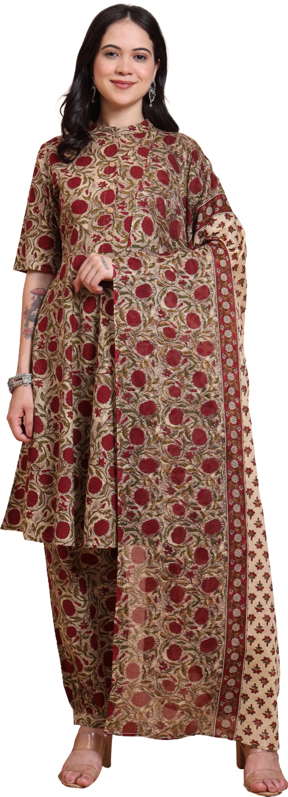 yash gallery Women’s Cambric Cotton Floral Print Short Kurta Pant With Dupatta Set (Green)-picture-33