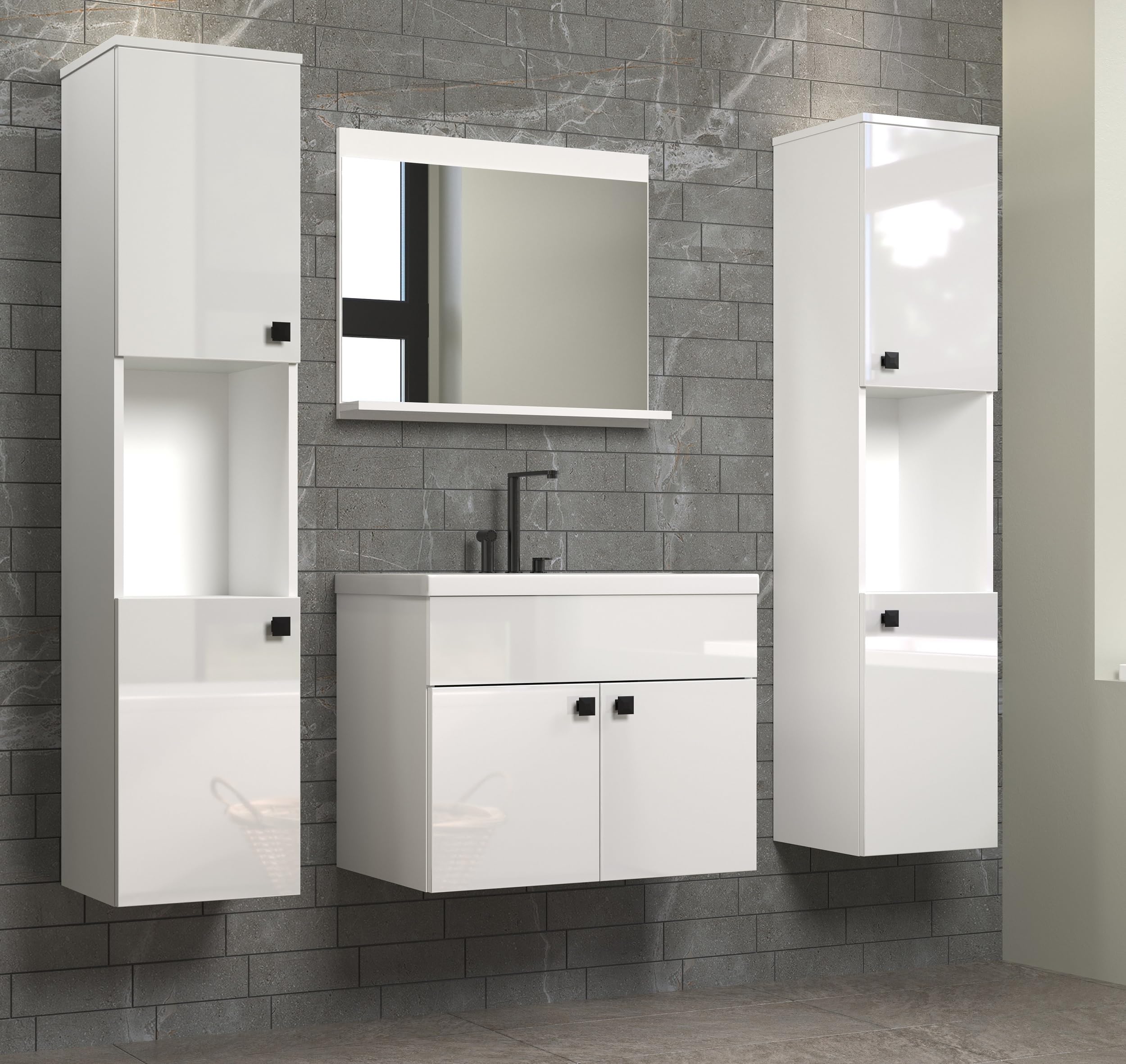 trendteam smart living Haven Badmöbel-Set Weiß/Weiß Hochglanz Lackiert 142 x 133 x 40 cm Waschbeckenschrank Hängend Inklusive Keramik-Einsatzwaschbecken 2 Hochschränke 1 Spiegel