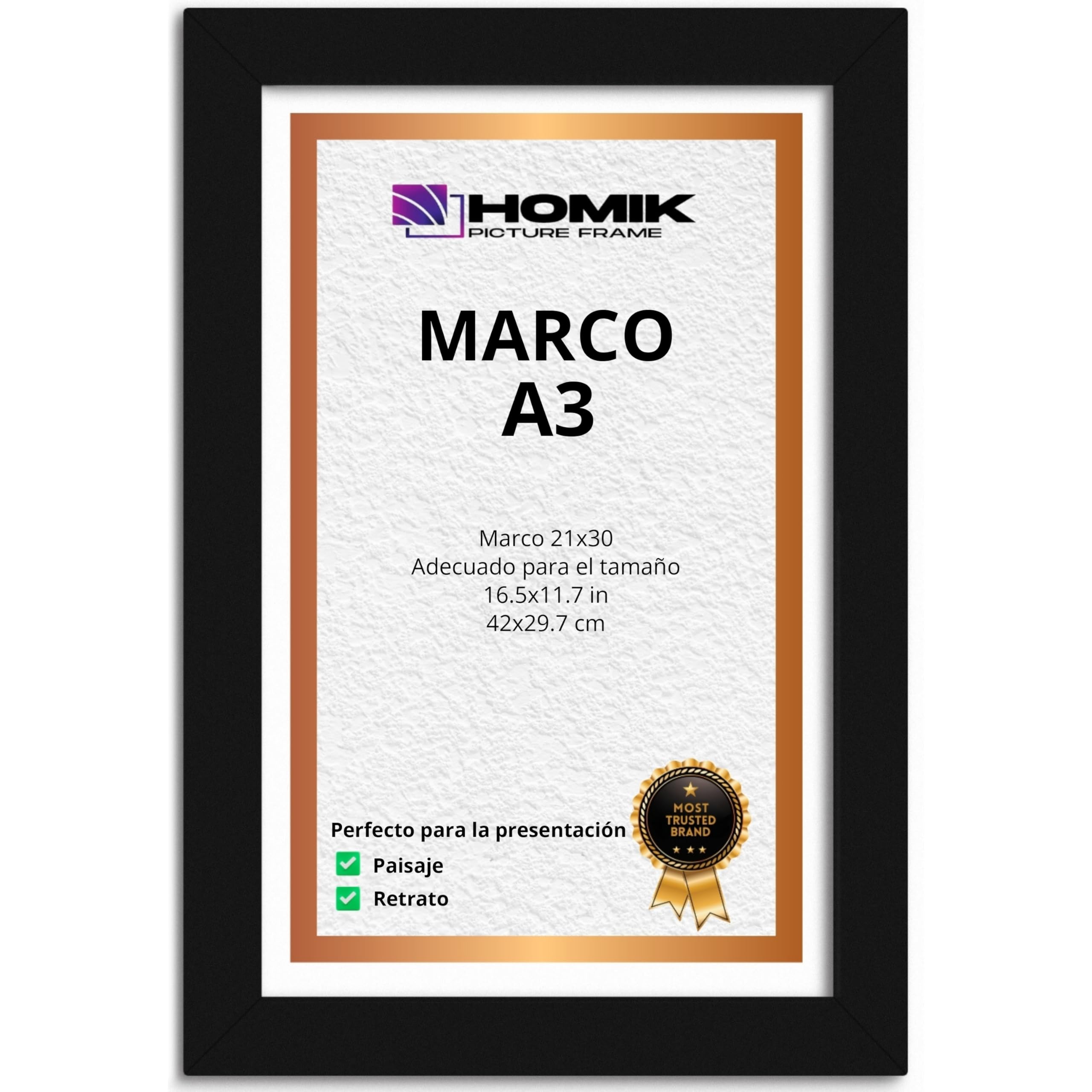 HOMIK Marco de fotos A3, Marcos A3 con cristal de seguridad acrílico, DIN A3, marco de fotos para decoración del hogar, negro, ideal para regalar y colgar en la pared
