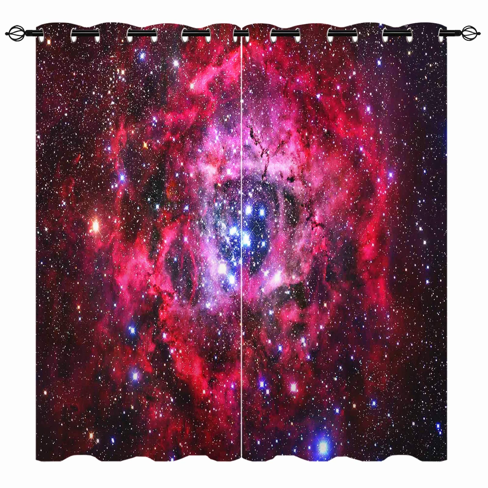 Yuanzu Boys Multi 1 Galaxy Curtains - Space Universe Red Pink Nebula Sky Stars 3D Print Pattern Eyelet Blackout Thermal Insulated & Room Darkening Window Drapes For Kids Girls Bedroom 2 Panels W168cm X D137cm