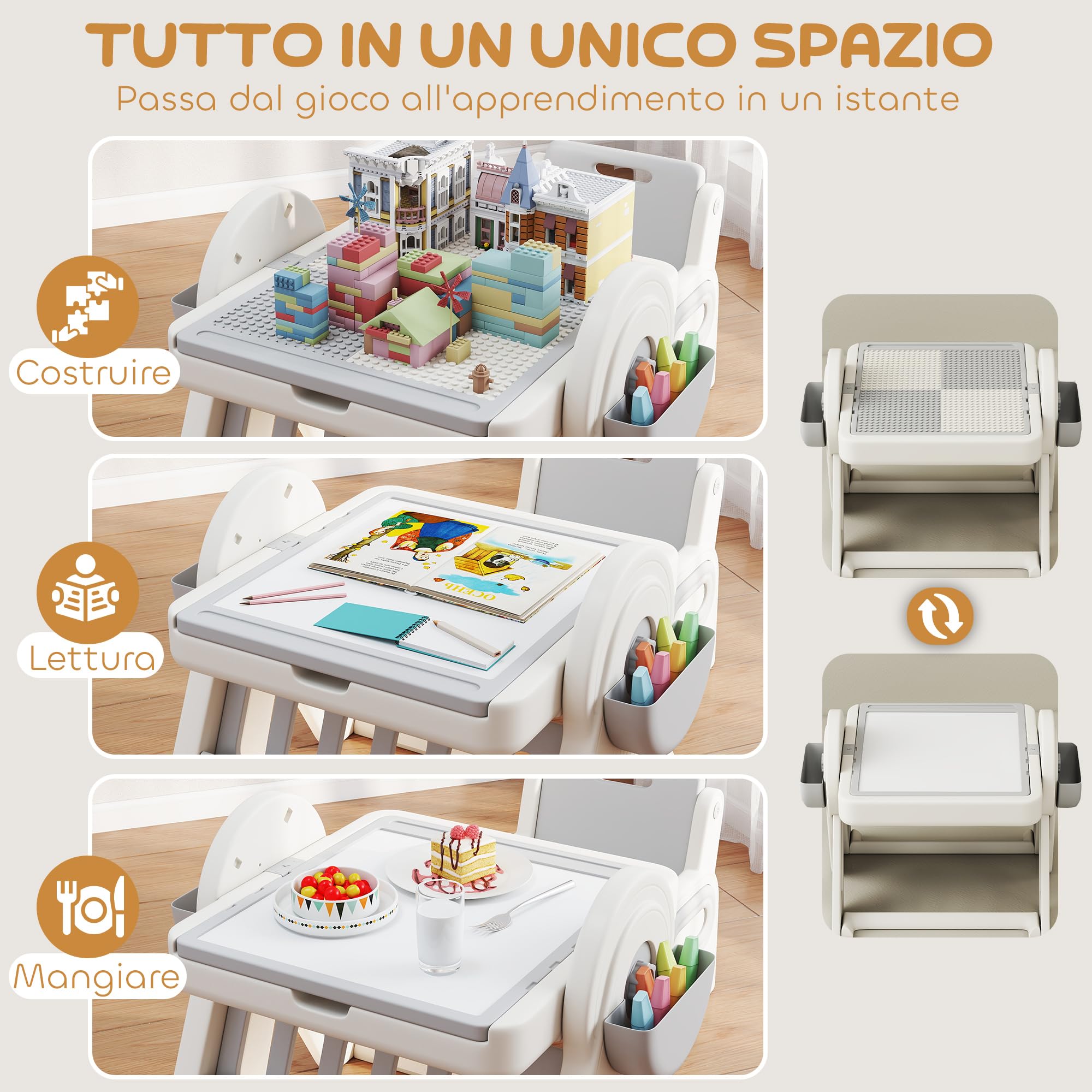 AIYAPLAY Set Tavolo e Sedia Bambini 3 in 1 con Tavolo da Costruzione | Lavagna, Cavalletto Convertibile, Contenitori, Tavolino Multiattività con Sedia in Plastica, 2-4 Anni, Cameretta