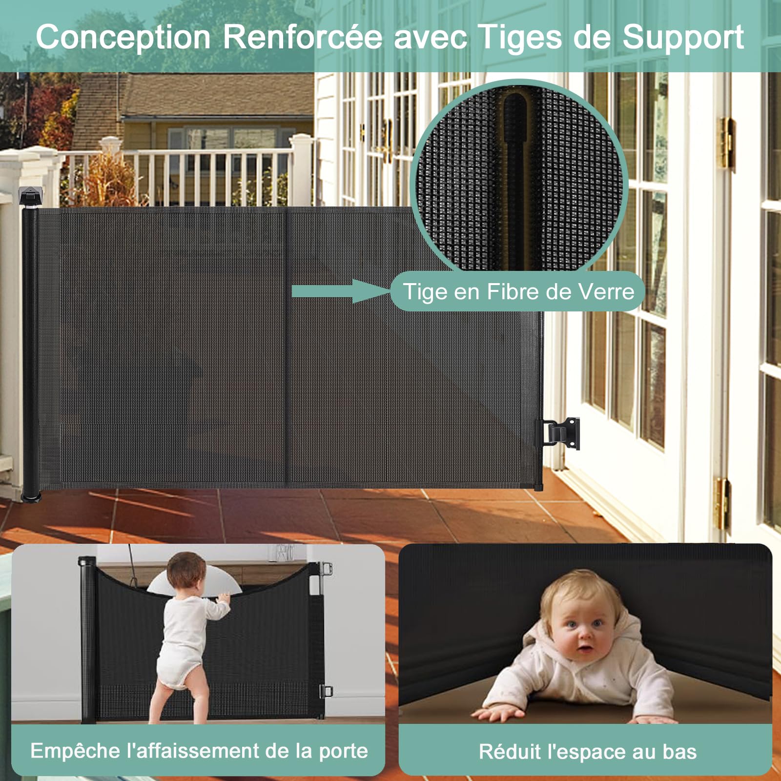 Barrière Sécurité pour Enfant Chien, Barriere de Securite Retractable, avec Renforcement en Fibre de Verre, pour Enfants et Aux Chiens Petits Moyens, Grands, 1.5M