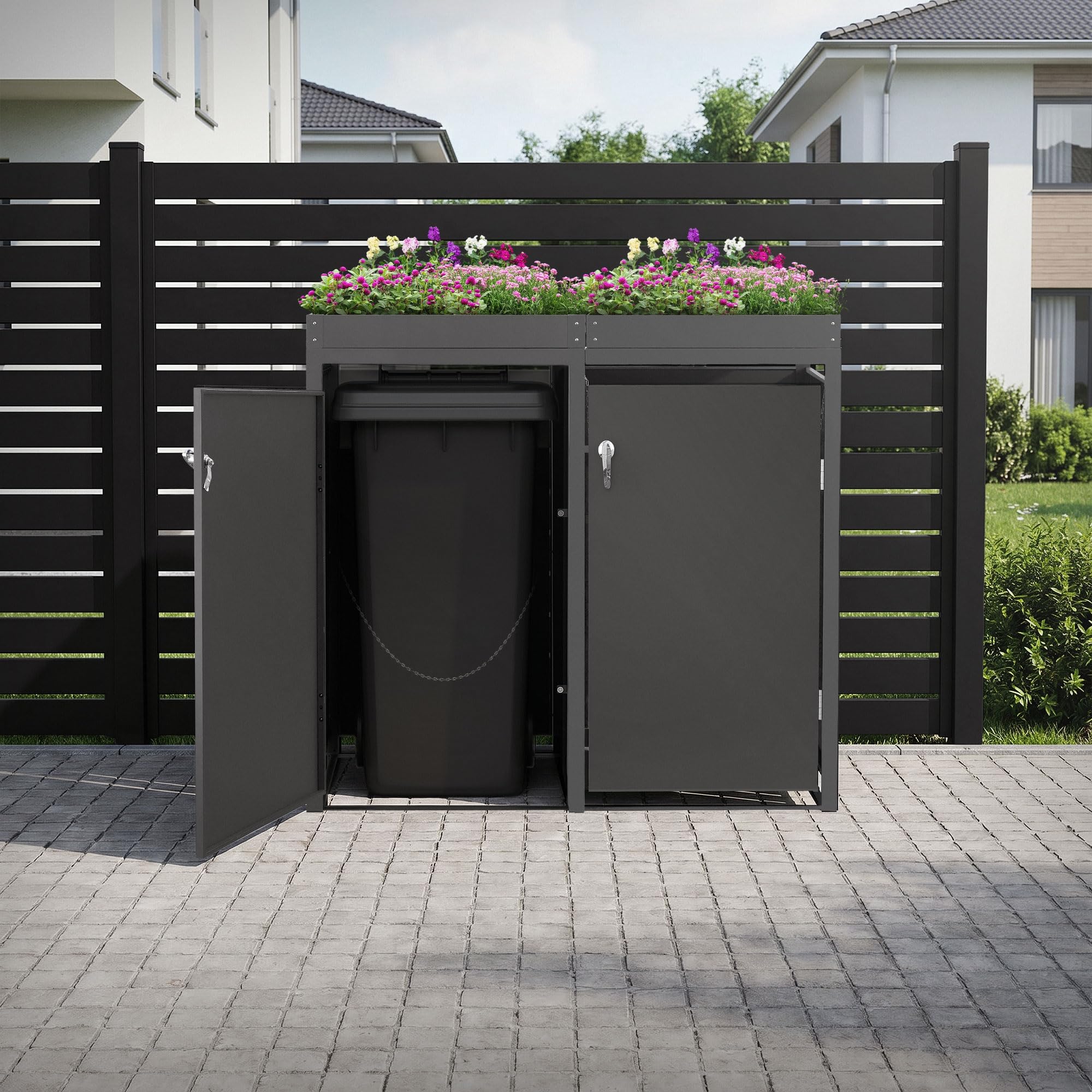 ML-Design Mülltonnenbox 2er 240L mit Pflanzdach, Mülltonnenverkleidung für 2 Mülltonnen, Müllbox wetterfest, Mülltonnenhaus aus Stahl, Müllcontainer mit abschließbarer Tür, 132x80x124 cm, Anthrazit