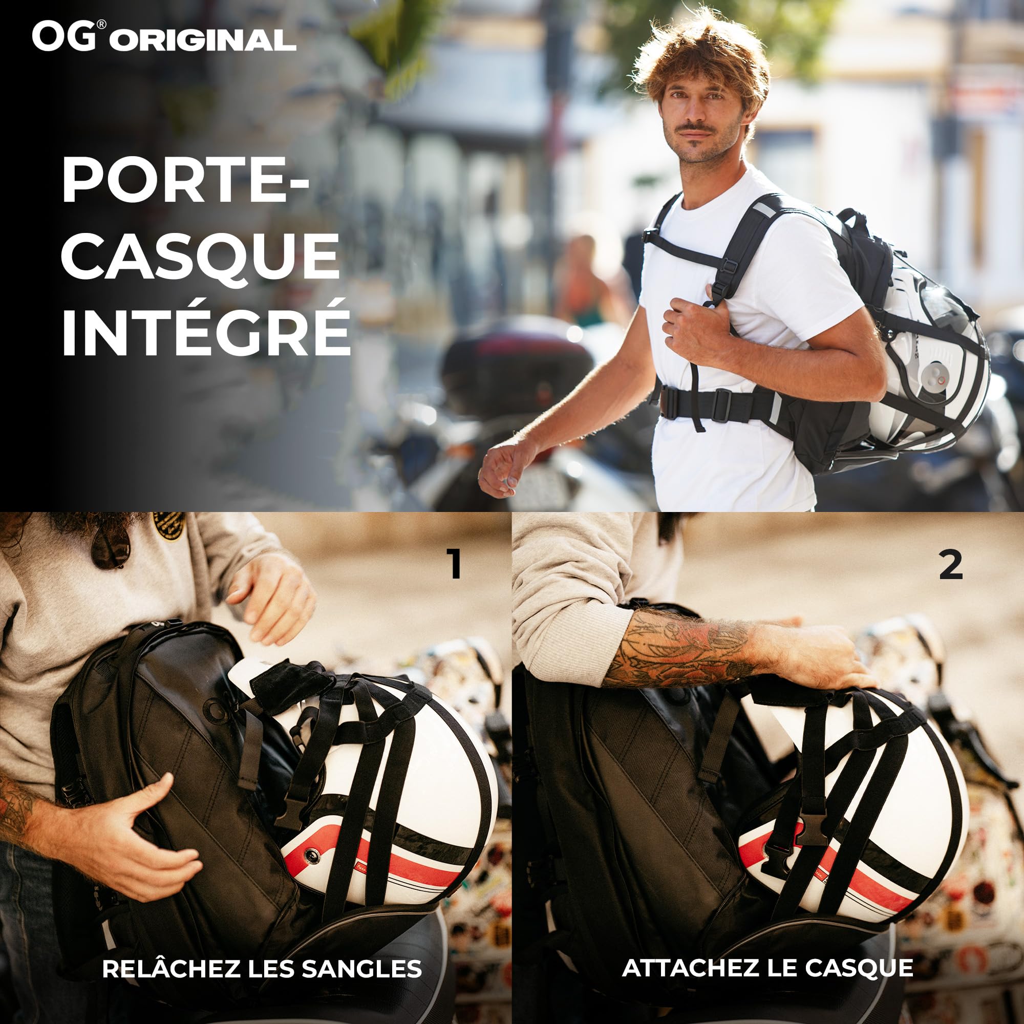 OG Original EZ-RiderPRO Sac à Dos Moto Noir Extensible 28-35L, Sacoche Porte-Casque Motard, Sangle Casque, Étanche, Portable, Réfléchissant, Logo Noir