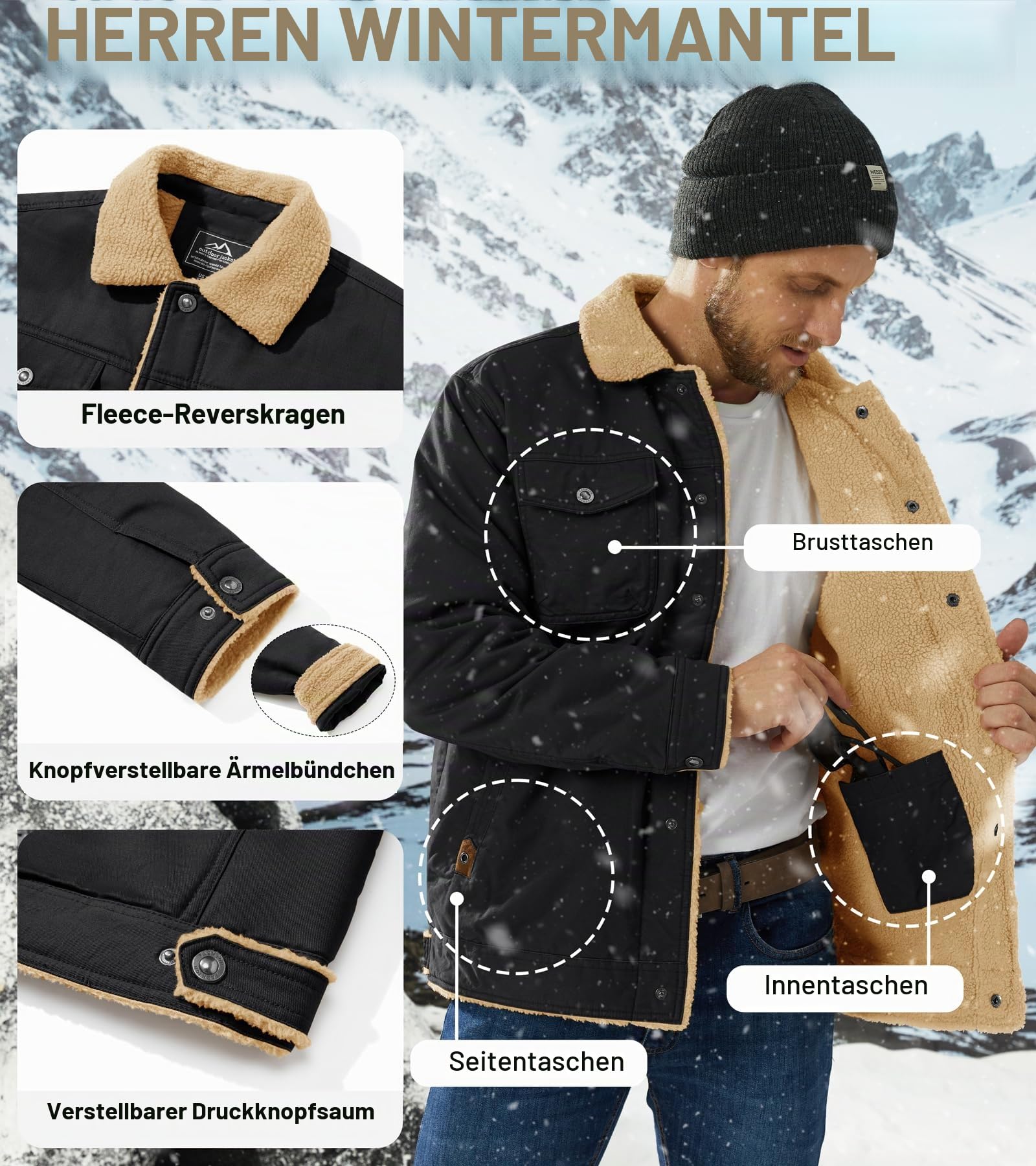 EKLENTSON Winterjacke Herren Warme Fleece Gefüttert Freizeitjacke | Warm, Freizeit, Fleece, Winddicht, Bequem, Komfortabel, Reverskragen, Innentaschen, Weich, Casual, Lässig, Stilvoll