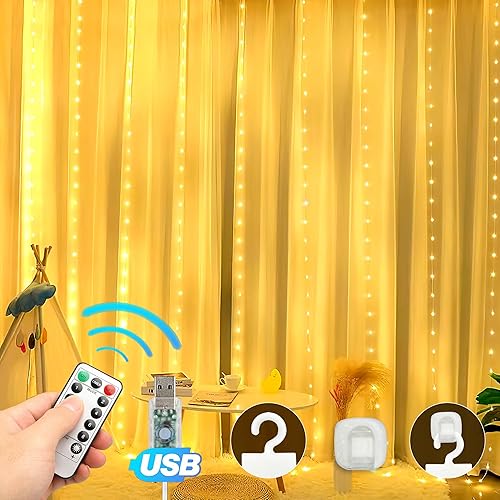 irmed 300 luces LED para cortina, 9.8 pies x 9.8 pies con 8 modos, cadena de luces colgantes, control remoto, perfectas para interiores y