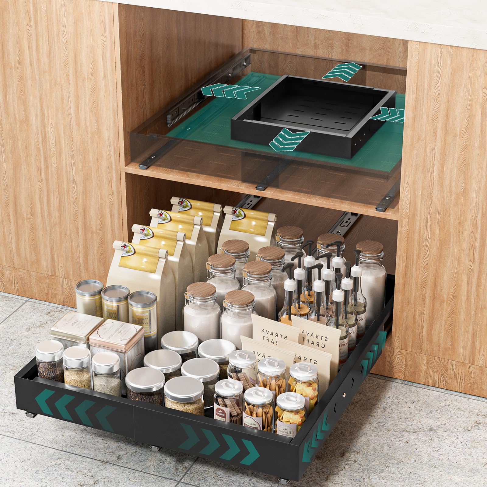 HG PLVTII Expandable Pull Out Cabinet Organiser, Adjustable Width & Depth Slide Out Drawers for Kitchen Cupboards, Pantry & Bathroom Storage, Pull Out Shelf (1 Pack, Black)