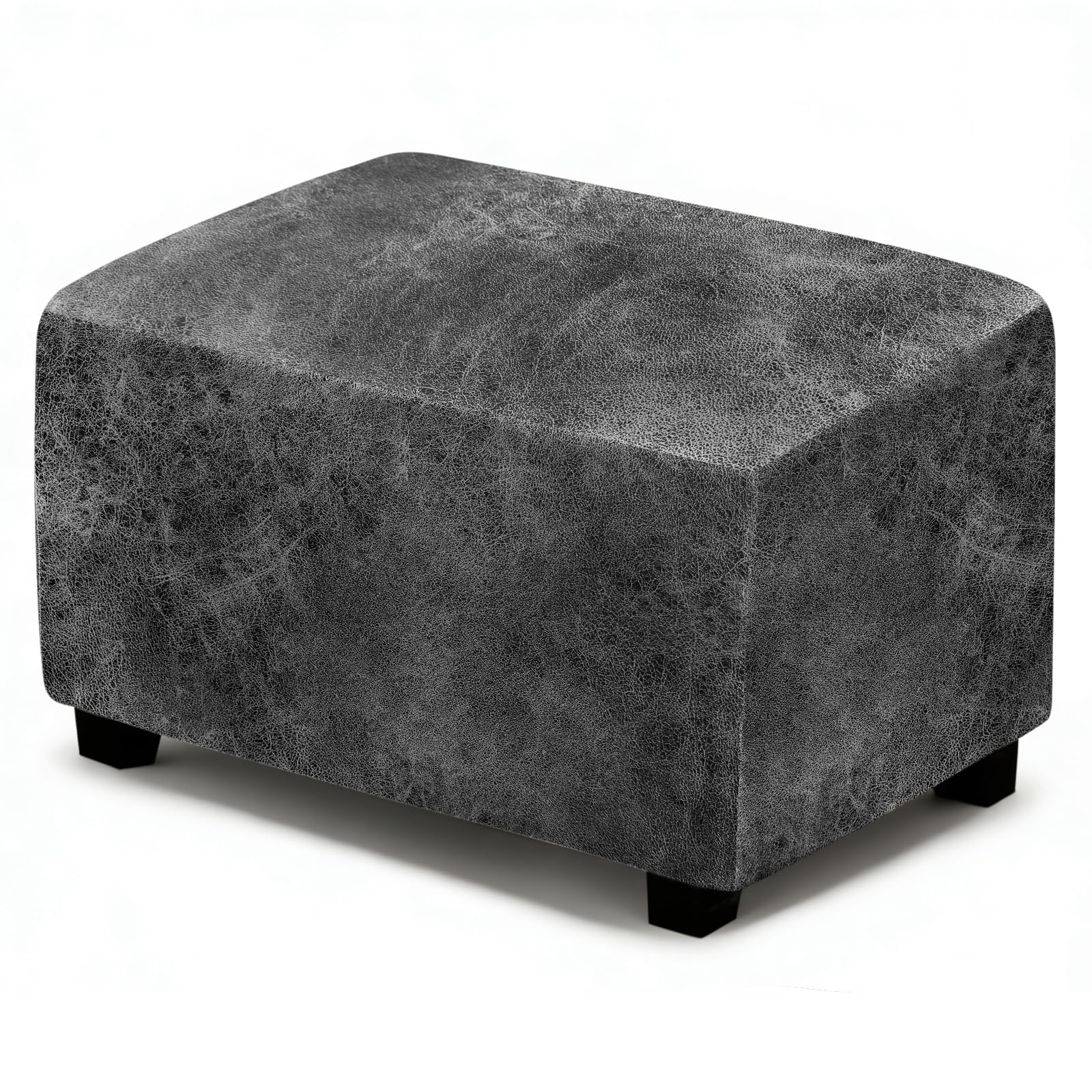 ANARACHON Leather Like Ottoman Cover, Stretch Small Square Ottoman Covers, Rectangular Ottoman Slipcovers with Removable Washable Non-Slip Elastic Bottom for Footstools (02 Light Grey, Small)