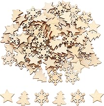 100 Pieces Blank Unfinished Wood Star Decorative for Crafts, Natural Wood Cutouts for Christmas Wedding (Christmas Tree, Snowflake, Star)