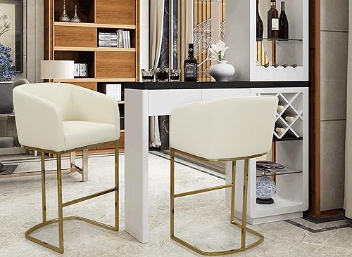 Miniatura 5 de Iconic Home Tess - Taburete de bar tapizado de piel sintética, diseño de brazo de refugio, media luna, tono dorado, base en forma de U, moderna y
