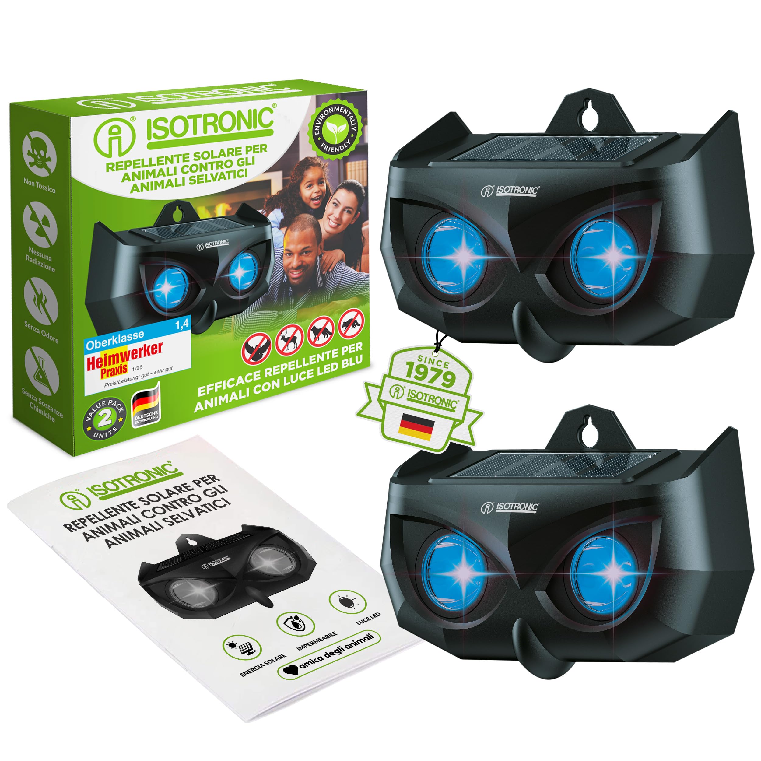 ISOTRONIC Repellente Solare Animali Selvatici LED Blu (2 Pezzi), Dissuasore per Procioni Cervi Volpi Cinghiali, Raggio d'azione 40m², Deterrente Efficace Esterno e Giardino Senza Veleni