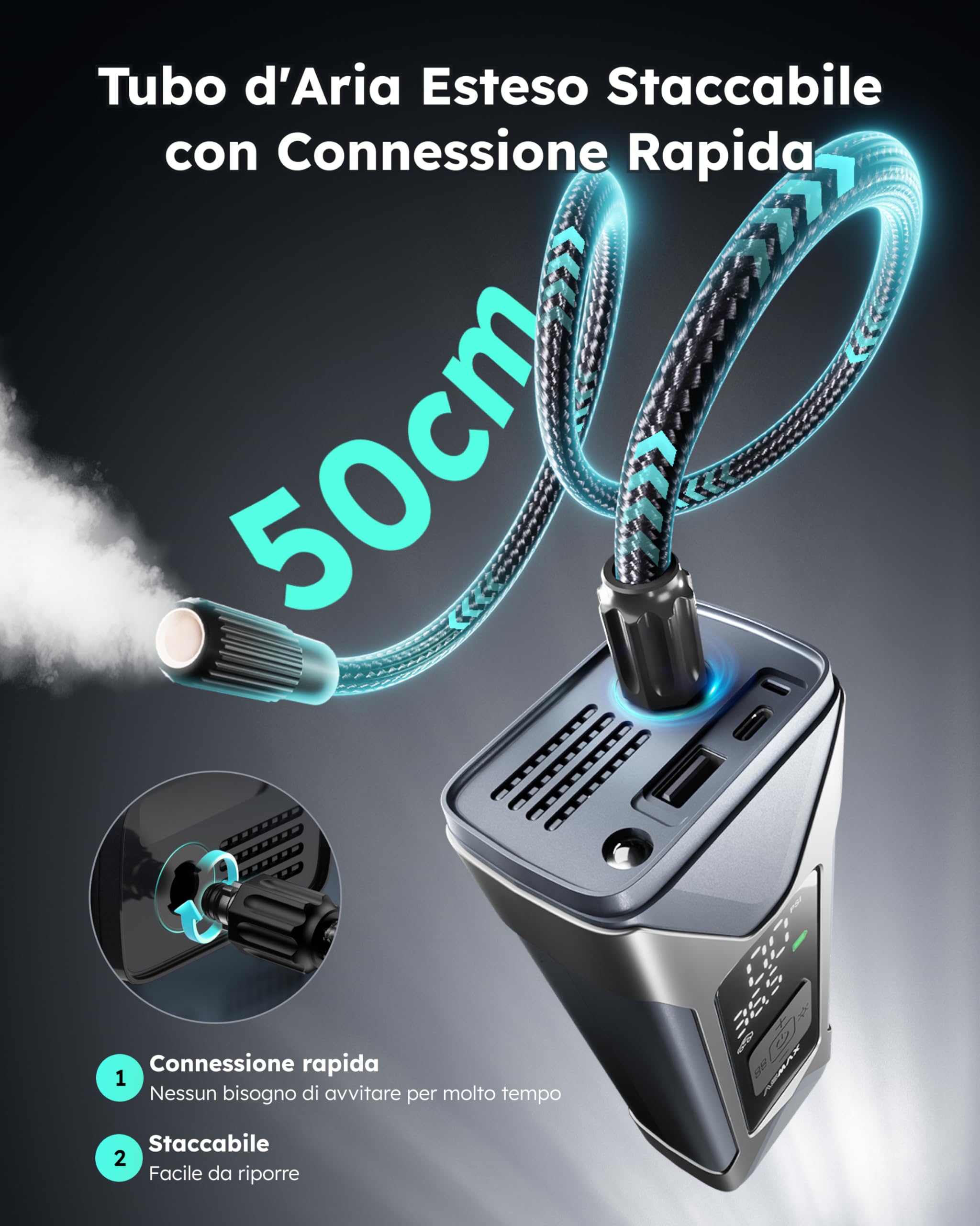 ASMAX Compressore Aria Portatile, Pompa d'aria Intelligente con Manometro 160PSI/11Bar Gonfiatore Veloce per Pneumatici 7500mAh per Auto/Moto/Bici/Pallone/Torcia Di Emergenza e Power Bank