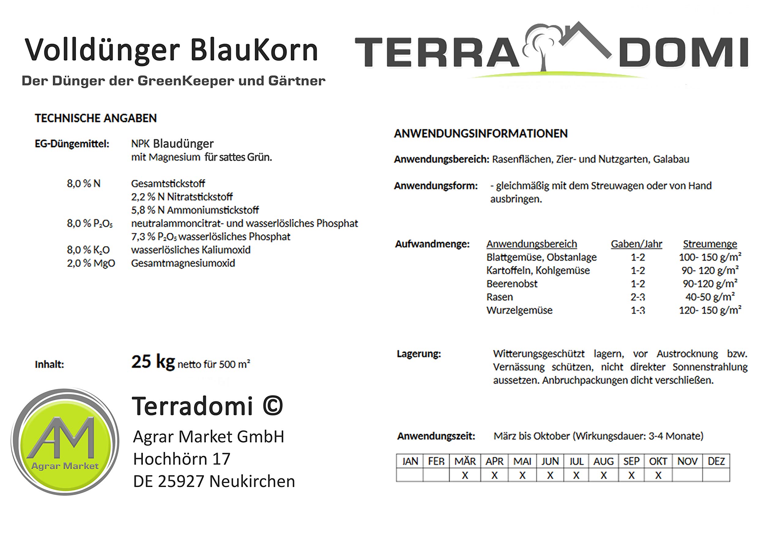 TerraDomi Rasendünger Blaukorn 25kg mit 500ml Rasenunkrautvernichter, Referenzmittel: Dicotexfür bis zu 600 m2 I unschlagbare Zweifachwirkung, gegen gängige Unkräuter