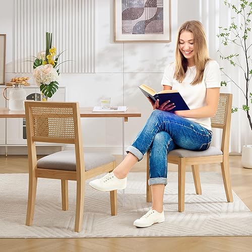 Miniatura 7 de Juego de 2 sillas de comedor de ratán, sillas de comedor de cocina con respaldo de bastón, silla tapizada de ratán moderna de mediados de siglo,