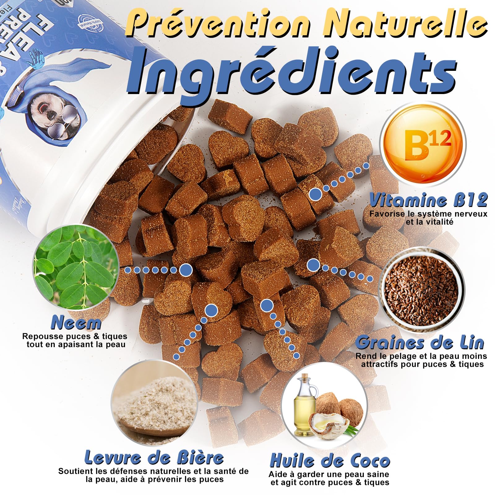 Flea and Tick Chewables for Dogs |Anti Puces & Tiques | Compléments Alimentaires Premium pour Chiens | Omega 3, Probiotiques Marque Britannique – Formule Vétérinaire| Poulet | 300g