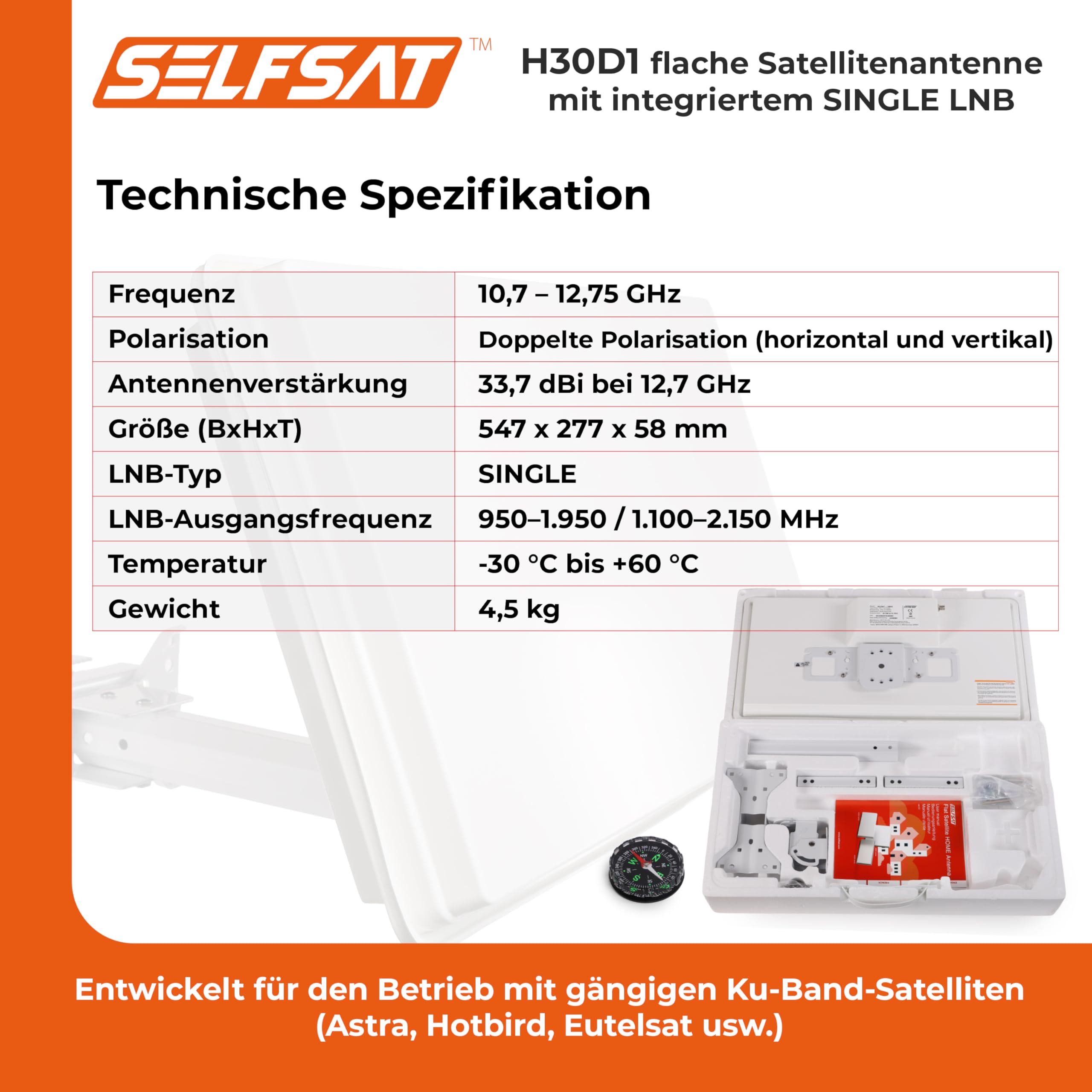 Selfsat H30 D1 Kompakte SAT Flachantenne Single-LNB Digital SAT Antenne Astra 19.2° Hotbird Weiß