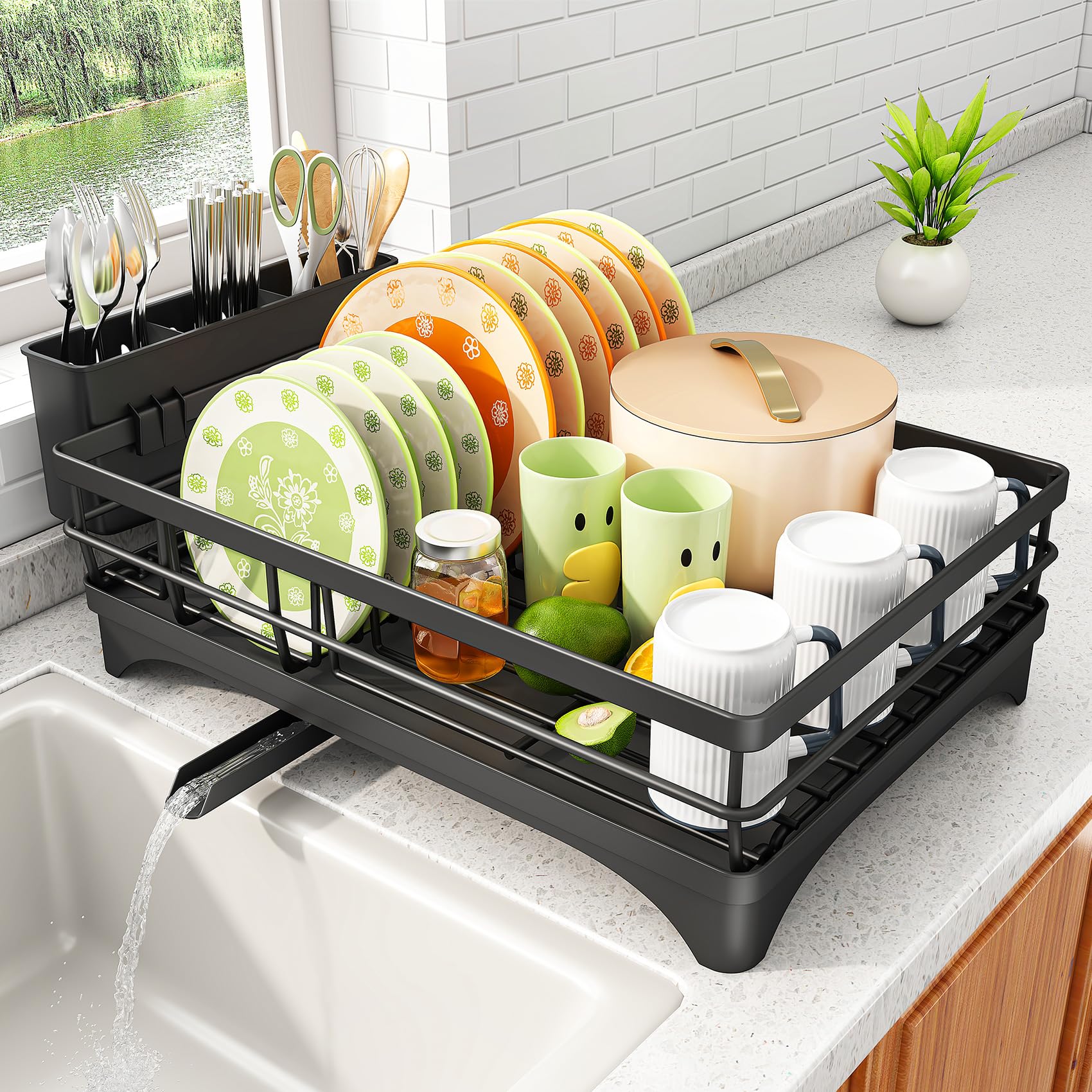 SAYZH Dish Drying Rack for Kitchen Counter with Utensil Holder, Black