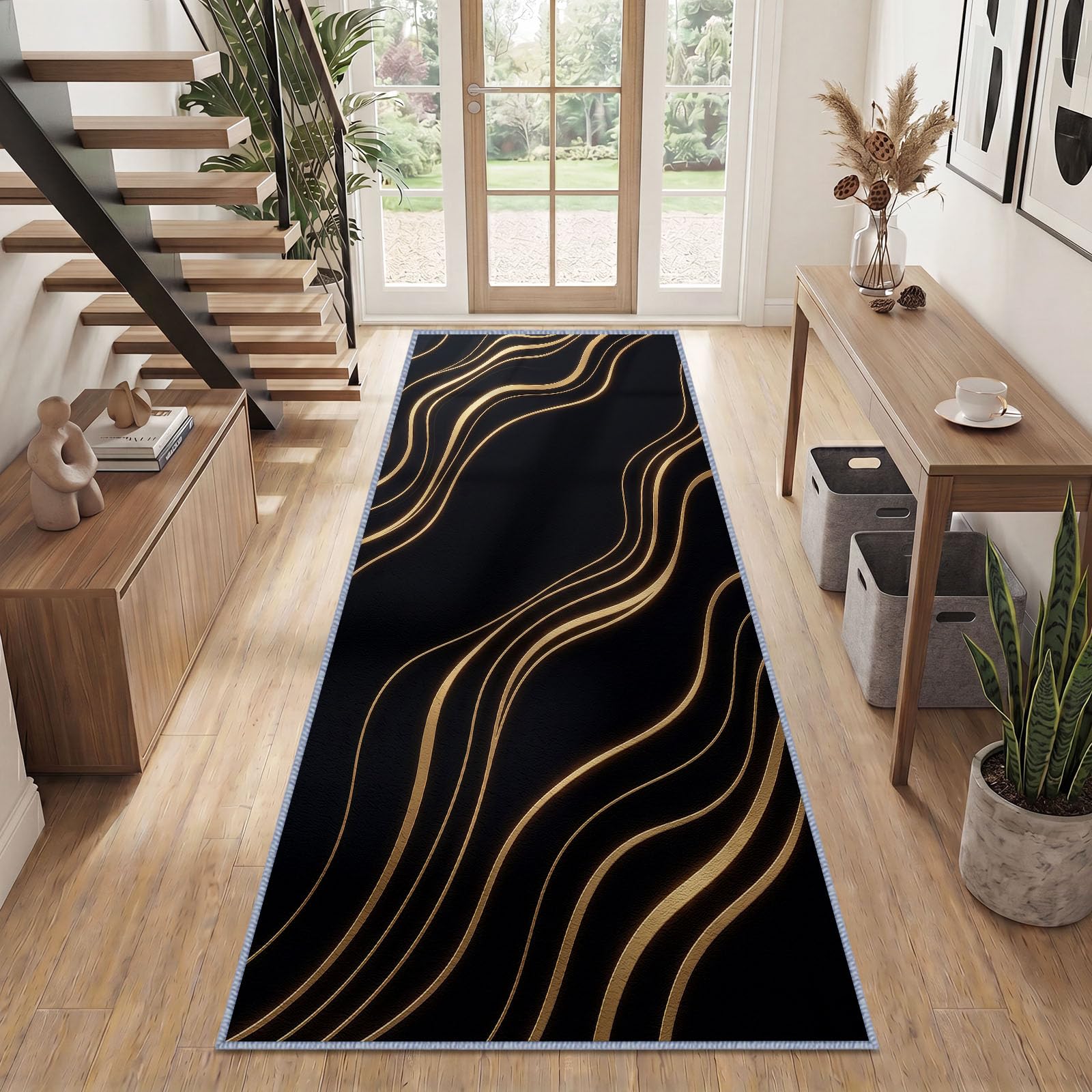 Textura de línea dorada Fondo negro liso alfombra pasillo lavable a máquina