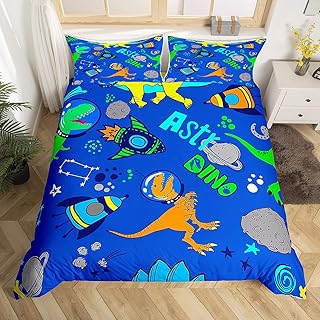 Dinosaur Comforter Cover Cartoon Dino Astronaut Bedding Set for Teens Boys,Cosmic Outer Space Planet Duvet Cover Rocket Spacecraft Quilt Cover Universe Star Constellation Bedroom Decor Twin Size