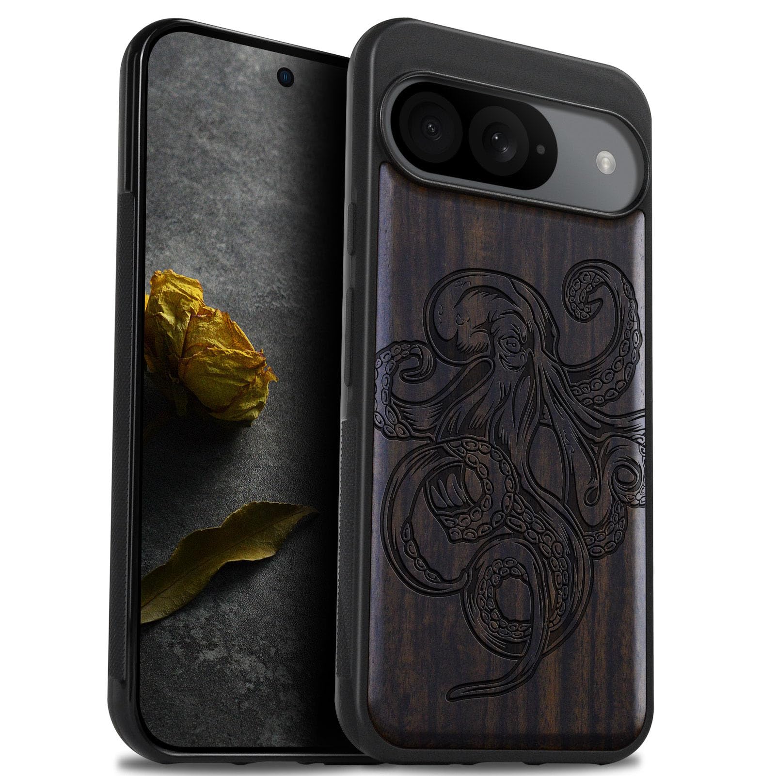 Carveit Wood Case for Pixel 9, Natural Wood & Black Soft TPU Shockproof Protective Cover