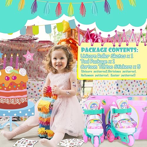 Miniatura 29 de 4-Pejiijar Rainbow Unicorn - Patines de ruedas para niñas de 2 a 4 años, 5-8, 8 a 12, zapatos de ruedas ajustables con ruedas luminosas para regalos