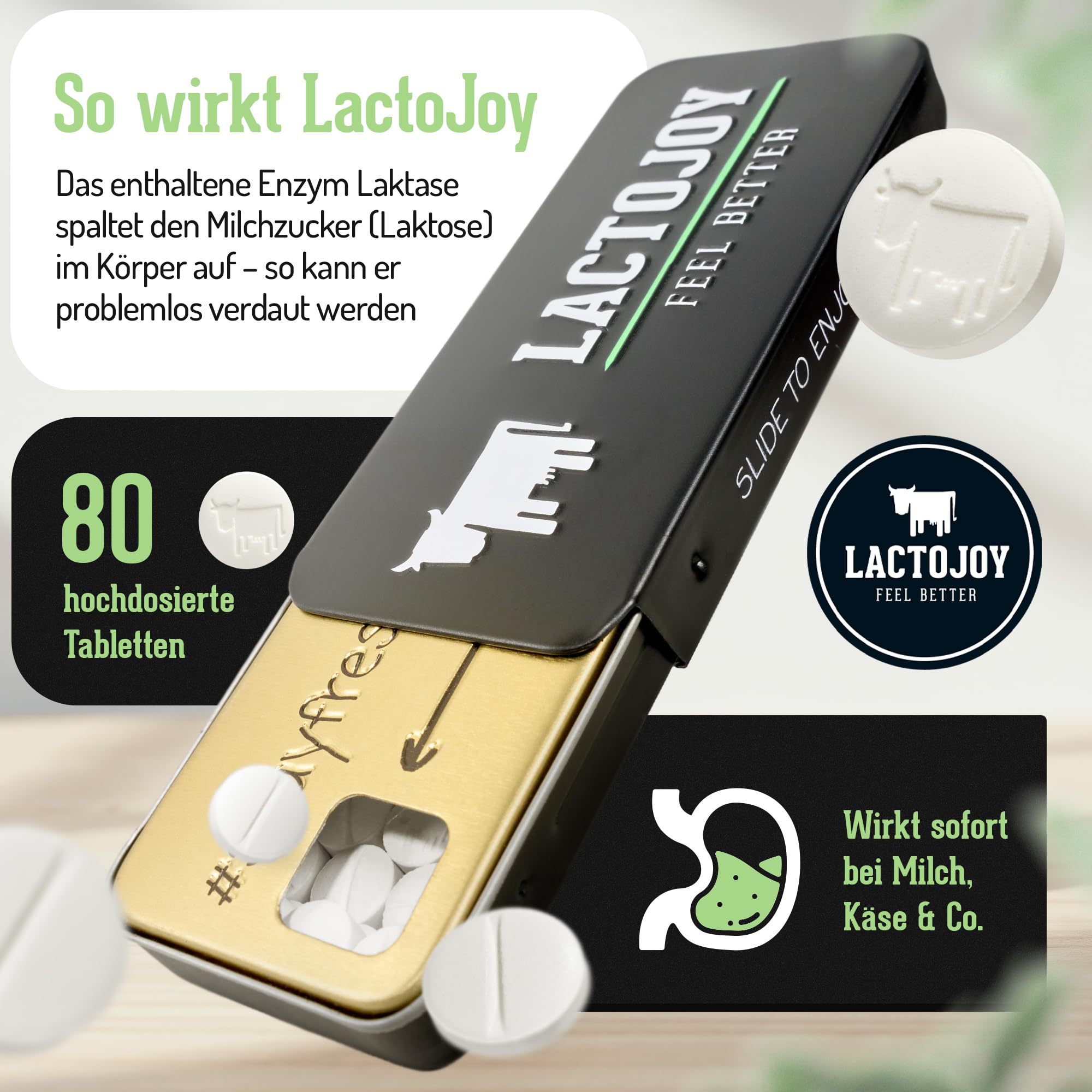 LactoJoy Laktase-Tabletten I 14.500 FCC I 80 Stk. - Lactase Enzym bei Milchzucker Unverträglichkeit