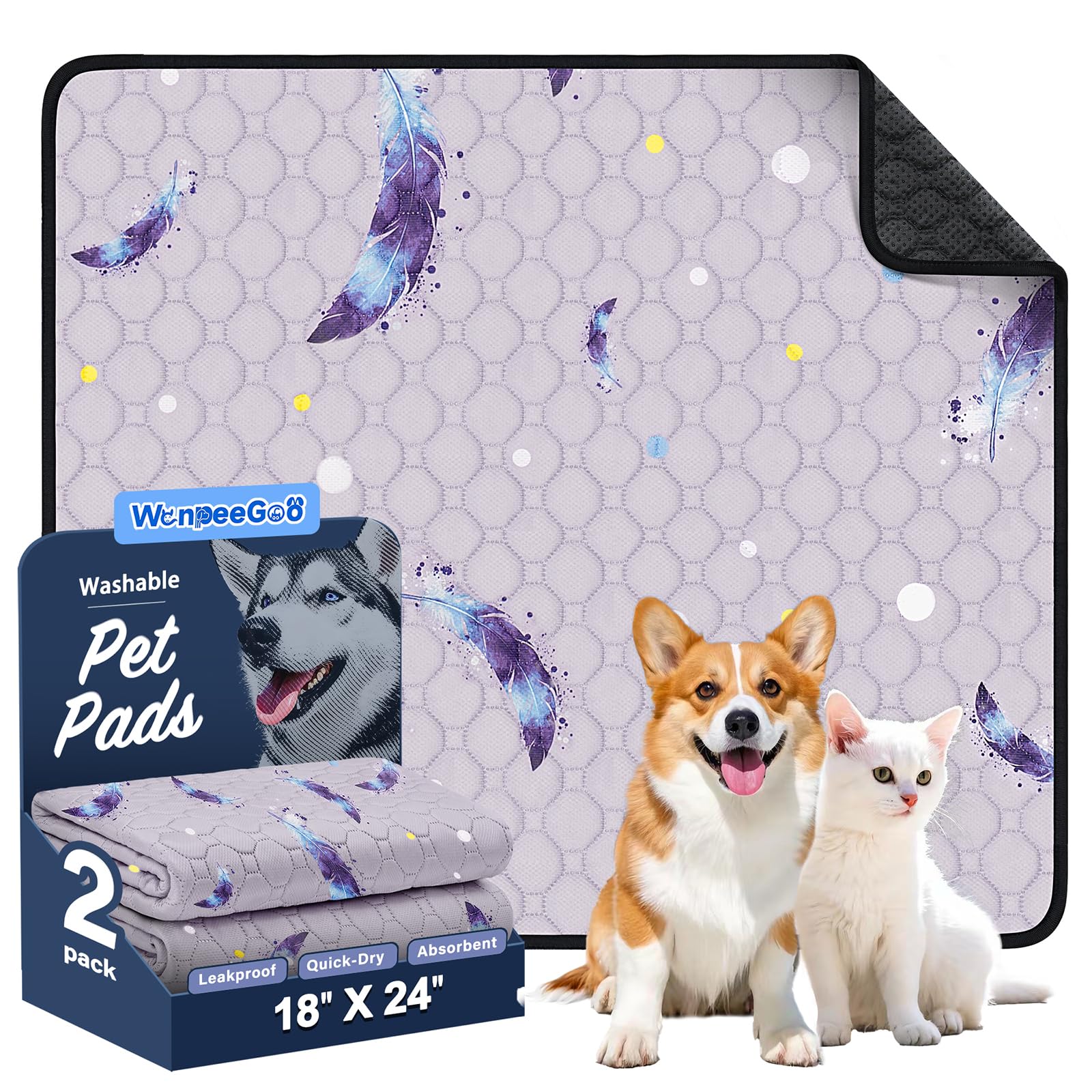 WanpeeGoo Washable Pee Pads for Dogs, 2 Pack Reusable Puppy Pads, Super Absorbent & Leakproof Dog Pads, Anti-Slip Dog Pee Pads for Puppy Training & Incontinence, Feather Pattern 46x61cm — image 1