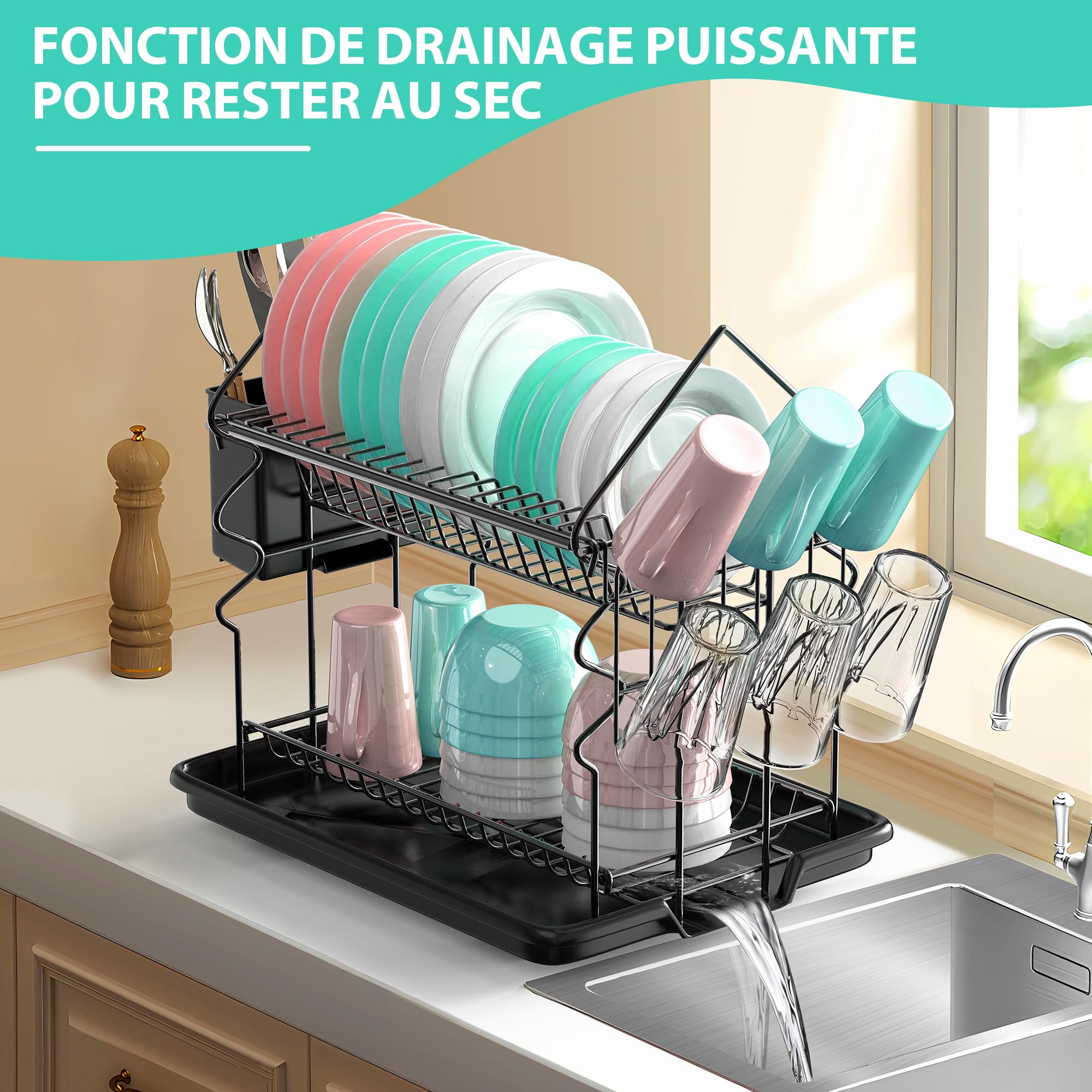 ZHHGOO Egoutoire Vaisselle Cuisine à 2 Niveaux,Noir INOX Égouttoir