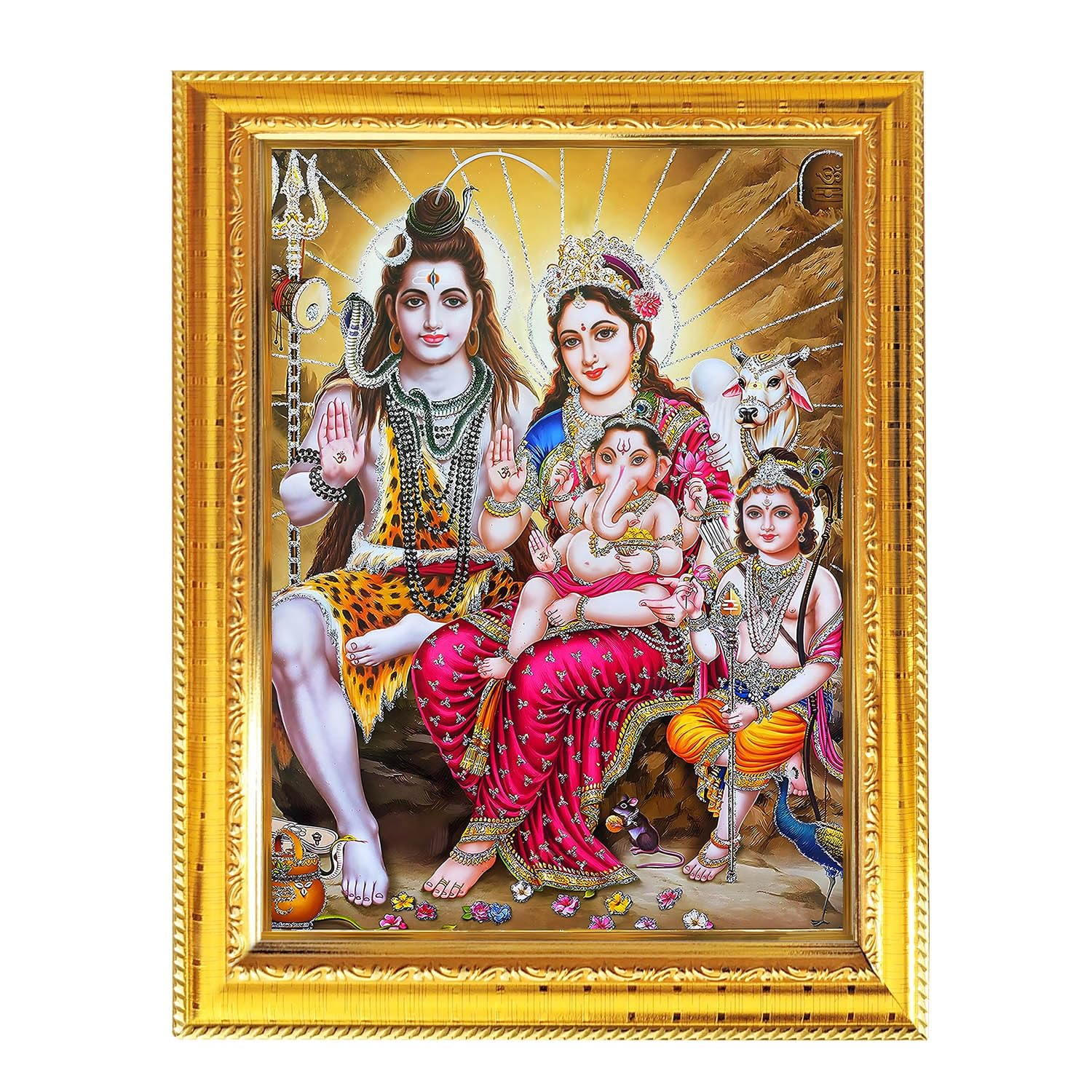 Fashnkart Shiva Family-1 Shiva Family Shiva Parivar Hindu God Photo With Golden Frame Table Wall Pooja Room Worship Religious Spiritual 8.3X6.5
