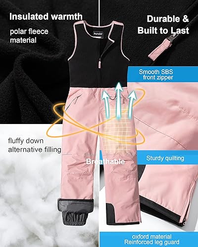 Miniatura 4 de Pursky Pantalones de nieve para niños, baberos de esquí de invierno para niña, con aislamiento, impermeables, pantalones de nieve de forro polar,