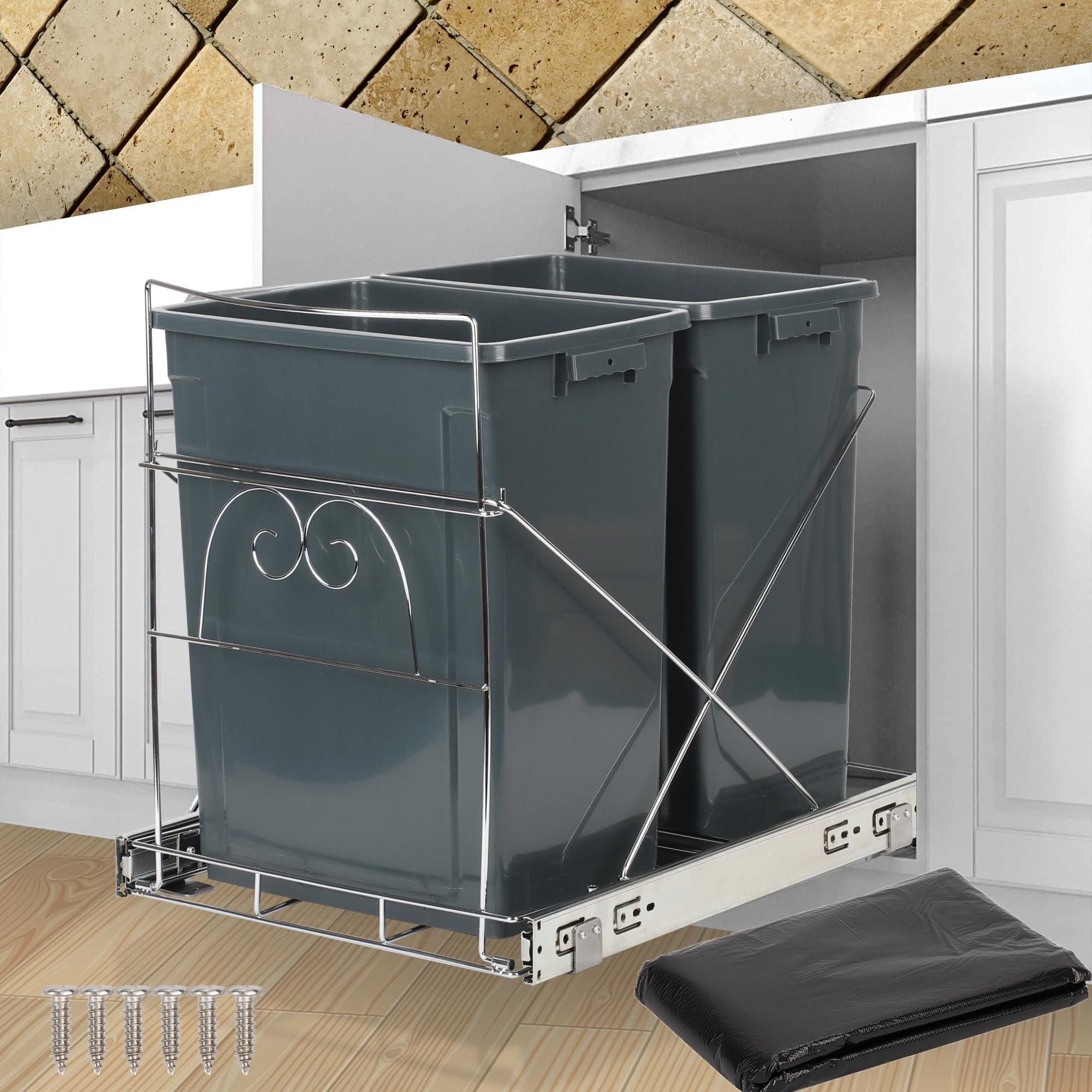 tonchean Pull Out Cupboard 2 Bins Kitchen Waste Bins 30+30L Under Cabinet Recycle Waste Bin, Dual Recycling Bins Under Sink Sliding Garbage Can with 50 Bags for Kitchen Cupboard