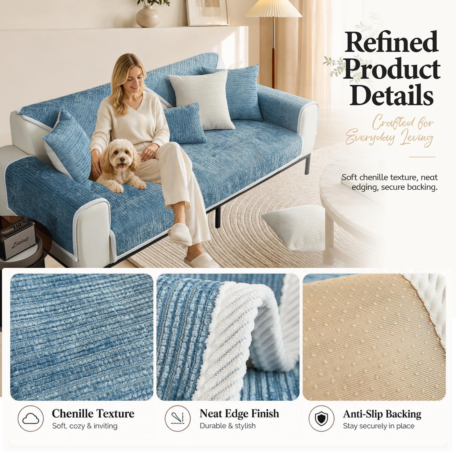Housse de Canapé en Chenille - Nouvelles Housses Antidérapant pour Canapé 1/2/3 Places en Forme de L, Protection pour Meuble Résistante aux Animaux pour Salon (A-Bleu,110x240cm)
