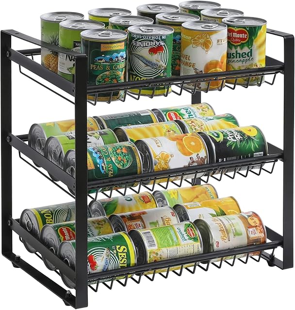 YMYNY 3-Tier Can Rack Organizer, Multifunctional Can Storage Dispenser, Holds Up to 36 Cans, Stacking Rack Holder for Kitchen Cabinets, Countertops, Pantry, Small Spaces, Black, HSR001H