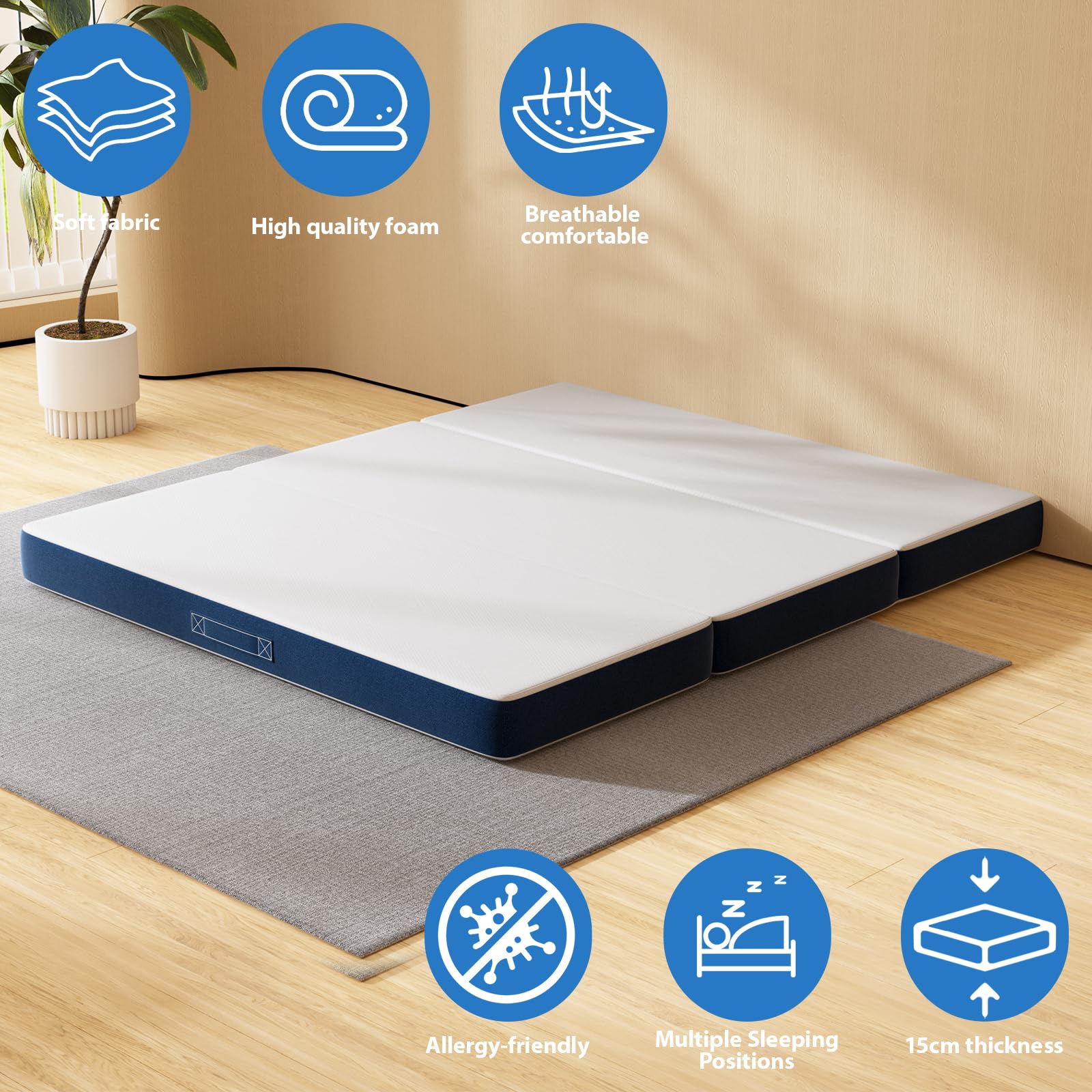 DEWINNER Matelas Pliant Triple,160x195x10cm, Matelas d'invité Polyvalent, 10cm Mousse épaisse, Housse Amovible et Lavable en Machine, Poignée de Transport pour faciliter Le Transport