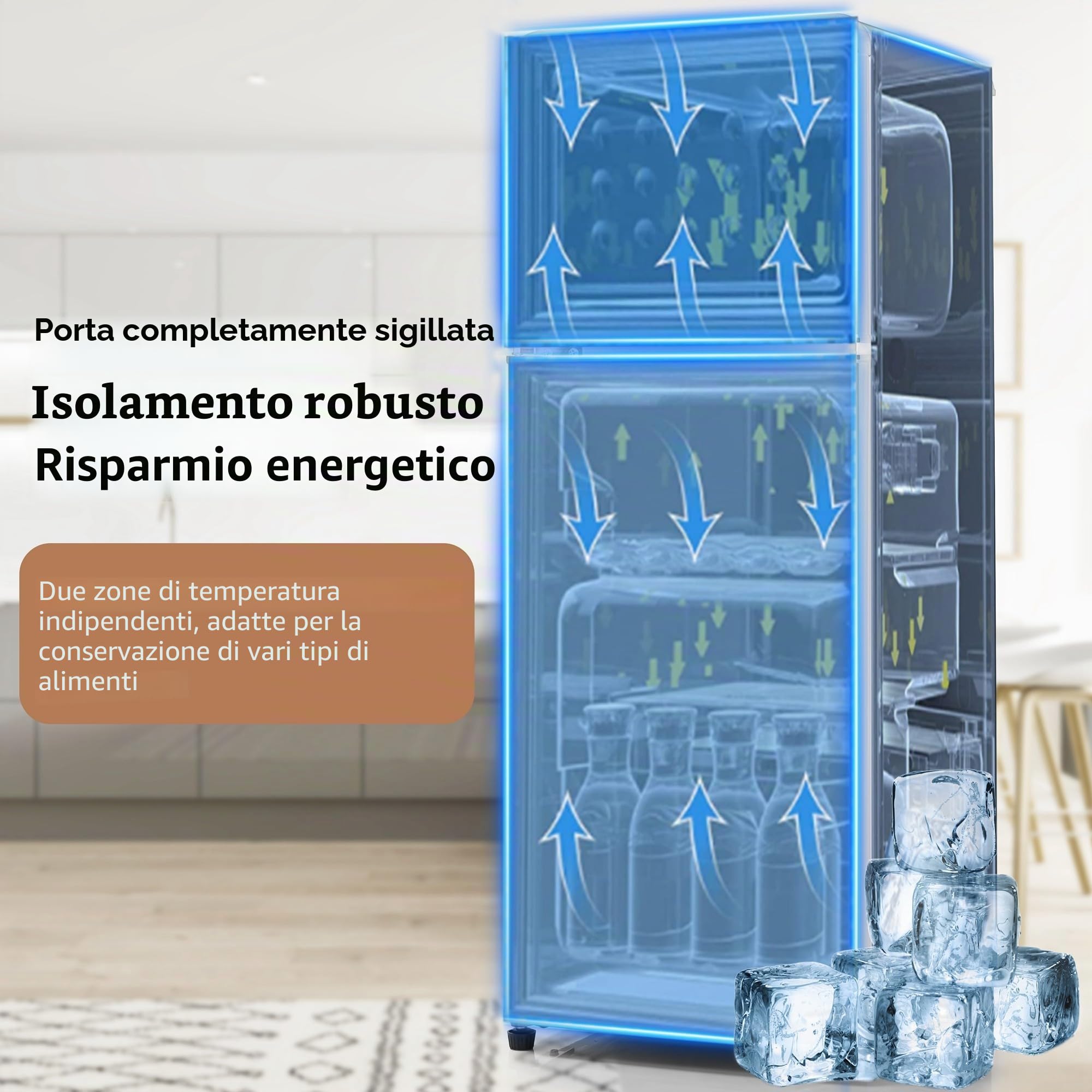 Frigorifero retrò, combinazione frigorifero-congelatore, altezza 105,5 cm, larghezza 41 cm, due porte, volume totale 92 litri, volume congelatore 28 litri