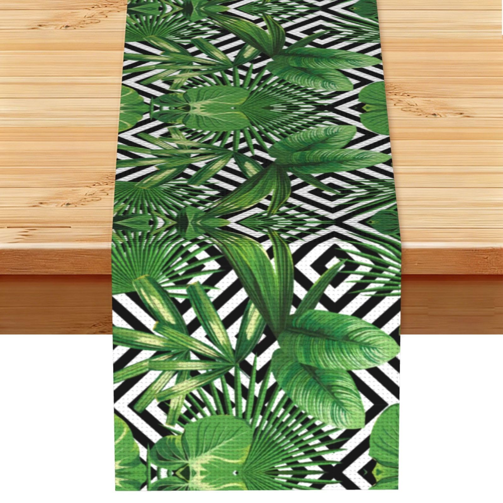 Green Leaves of Palm Tree Tropical Plant Linen Feel Table Runner Wedding Party Home Decoration