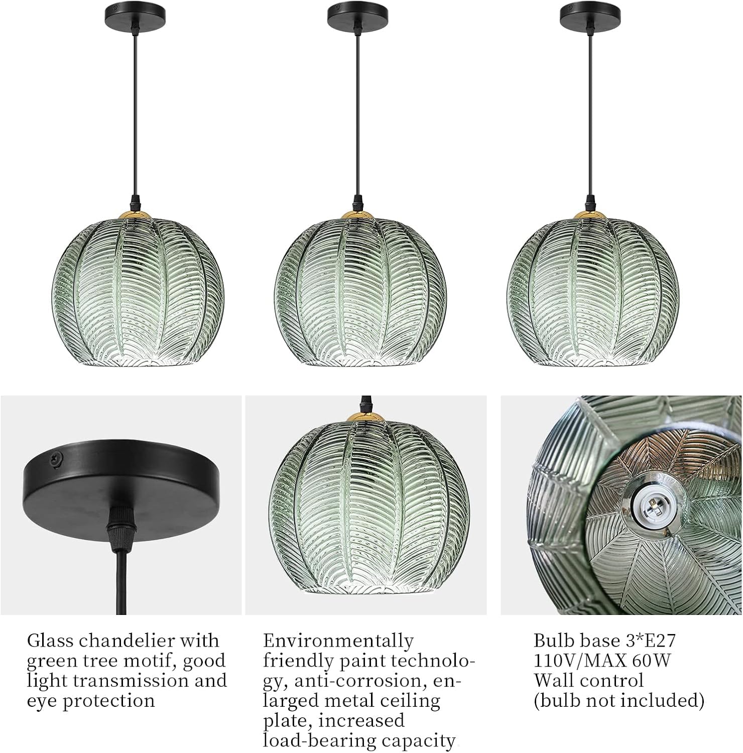 Zielona szklana lampa wisząca z trzema żarówkami do wyspy kuchennej, jadalni i innych pomieszczeń. Nowoczesna szklana lampa wisząca w kształcie kuli