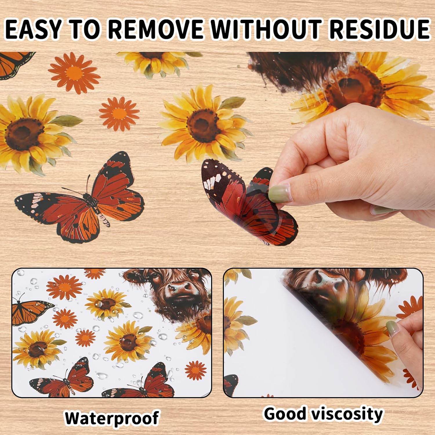 JarThenaAMCS 4 Sheets Highland Cow Wall Decals Rustic Cow Sunflower Butterfly Wall Stickers Waterproof Funny Animal Mural Art Decor for Home Office Classroom Party Supplies image 3