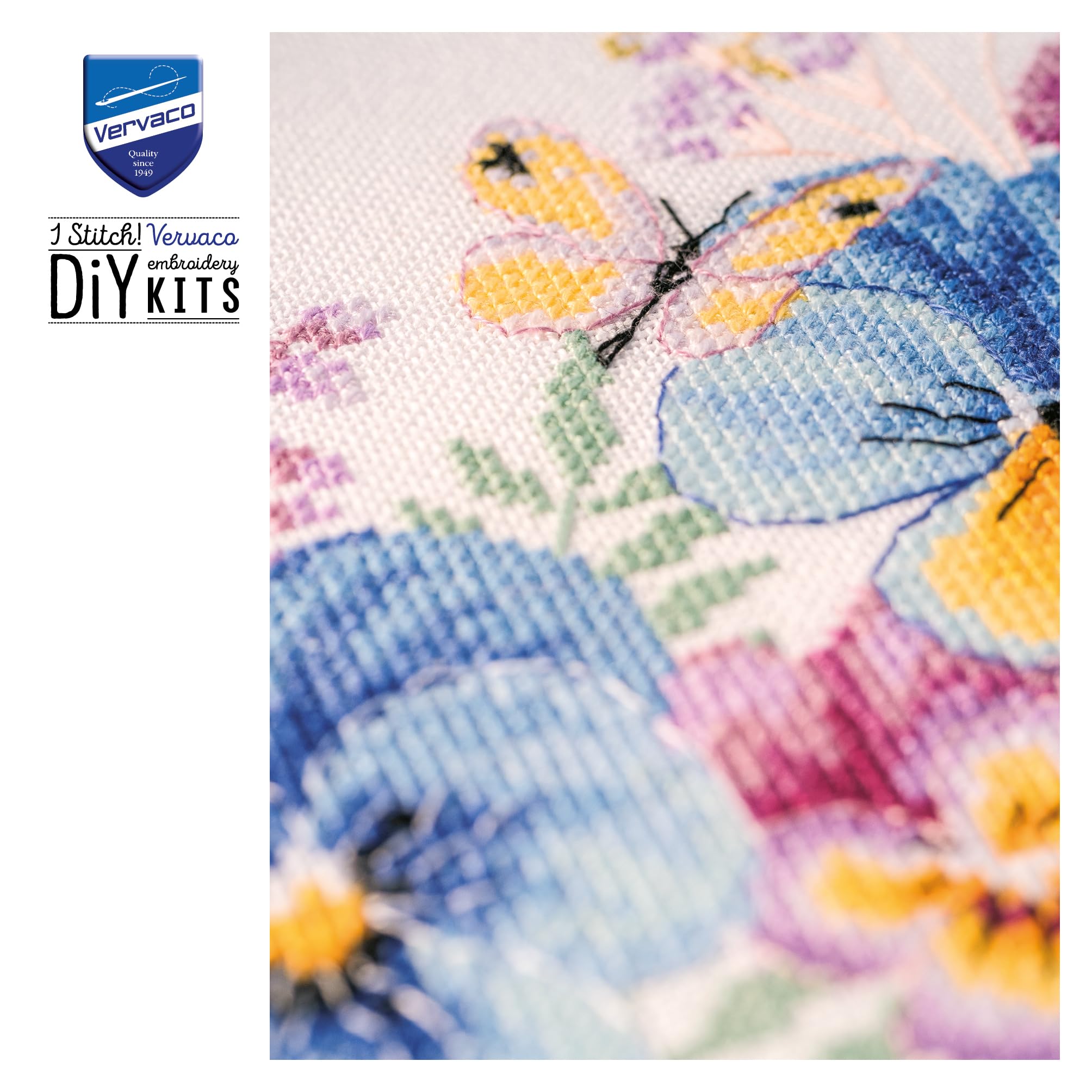 Vervaco Kit Punto Croce Contato VIOLE DEL PENSIERO ED ERBE Decorativi Per Pareti ca. 29 x 28 cm Set Fai Da Te Creativo Adulti Casa Decor Arte Da Parete Kit Per Hobby Cross Stitch