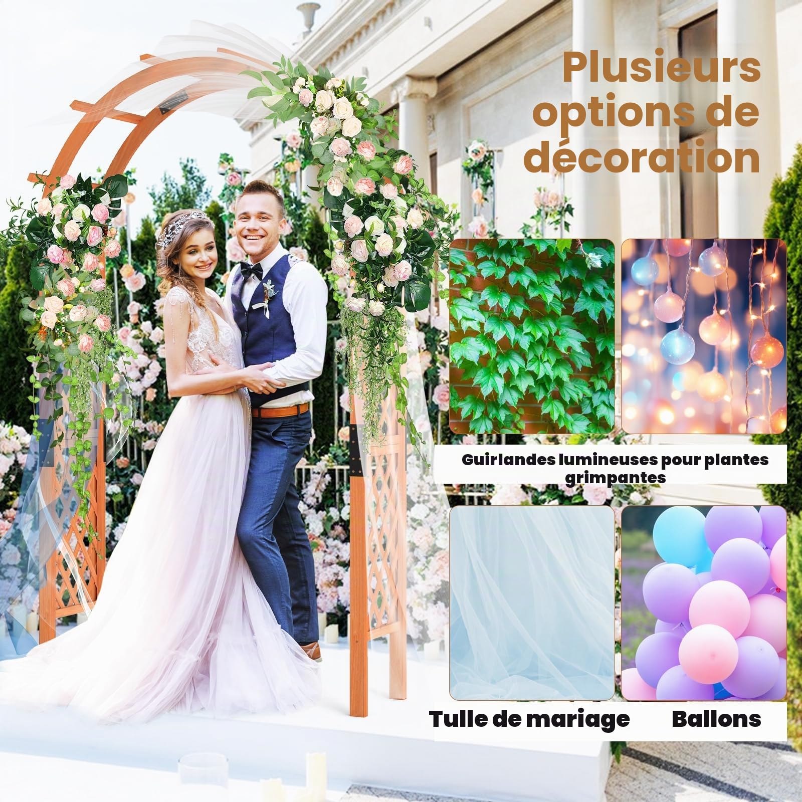HOMASIS Arche de Jardin en Bois avec Treillis pour Plantes Grimpantes