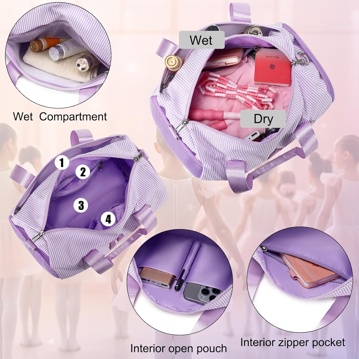 Initial Dance Bag Personalized Girl Gym Bag Kid Gymnastics Bags Weekender Ballet Bags Toddler Travel Duffle bag with Adjustable Straps for 4-8 Years Old(Purple-E) - Image 6
