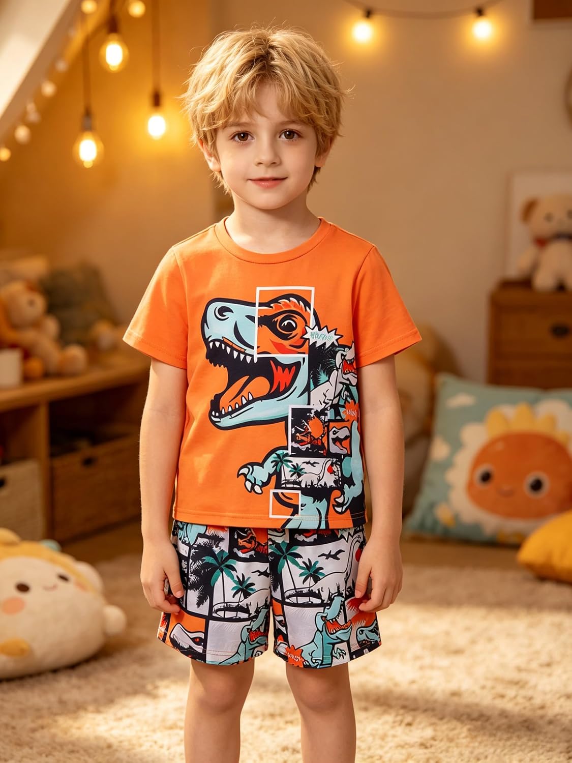 Toddler Boys Dinosaur 2PCS Outfit Kids Comic Print T-Shirt and Shorts Summer Clothes for Little Boy 5-10Y
